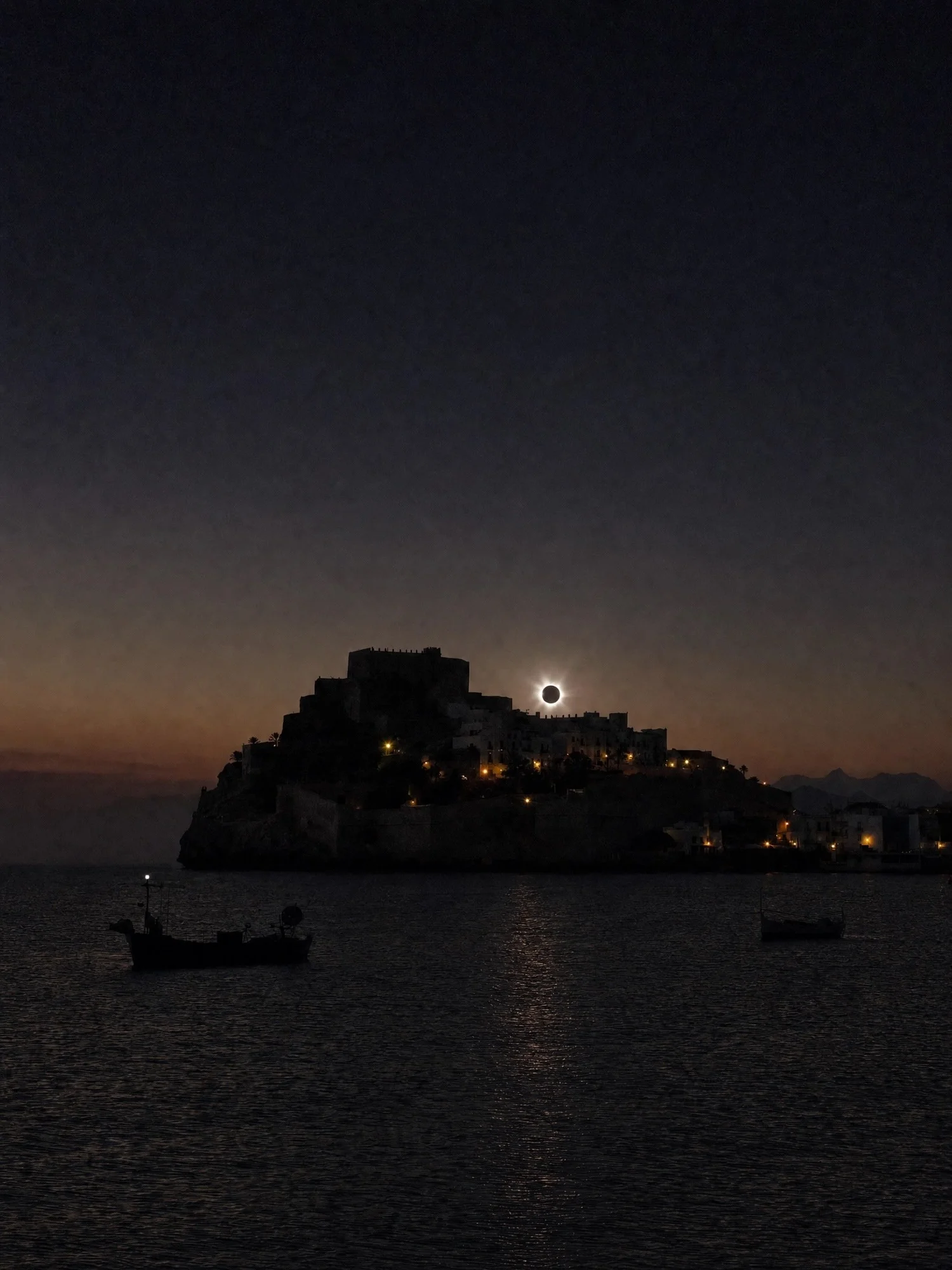 The solar corona surrounds the black lunar disk above a silhouetted coastal fortress and town in Spain at dusk.