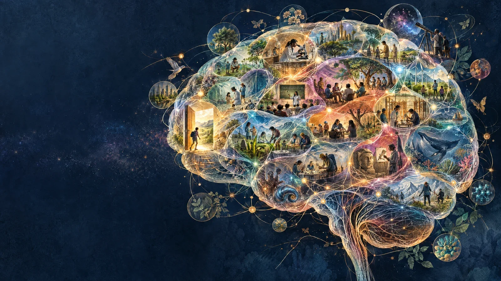 People teaching, collaborating, and exploring within a luminous brain silhouette, with an open doorway among the scenes.