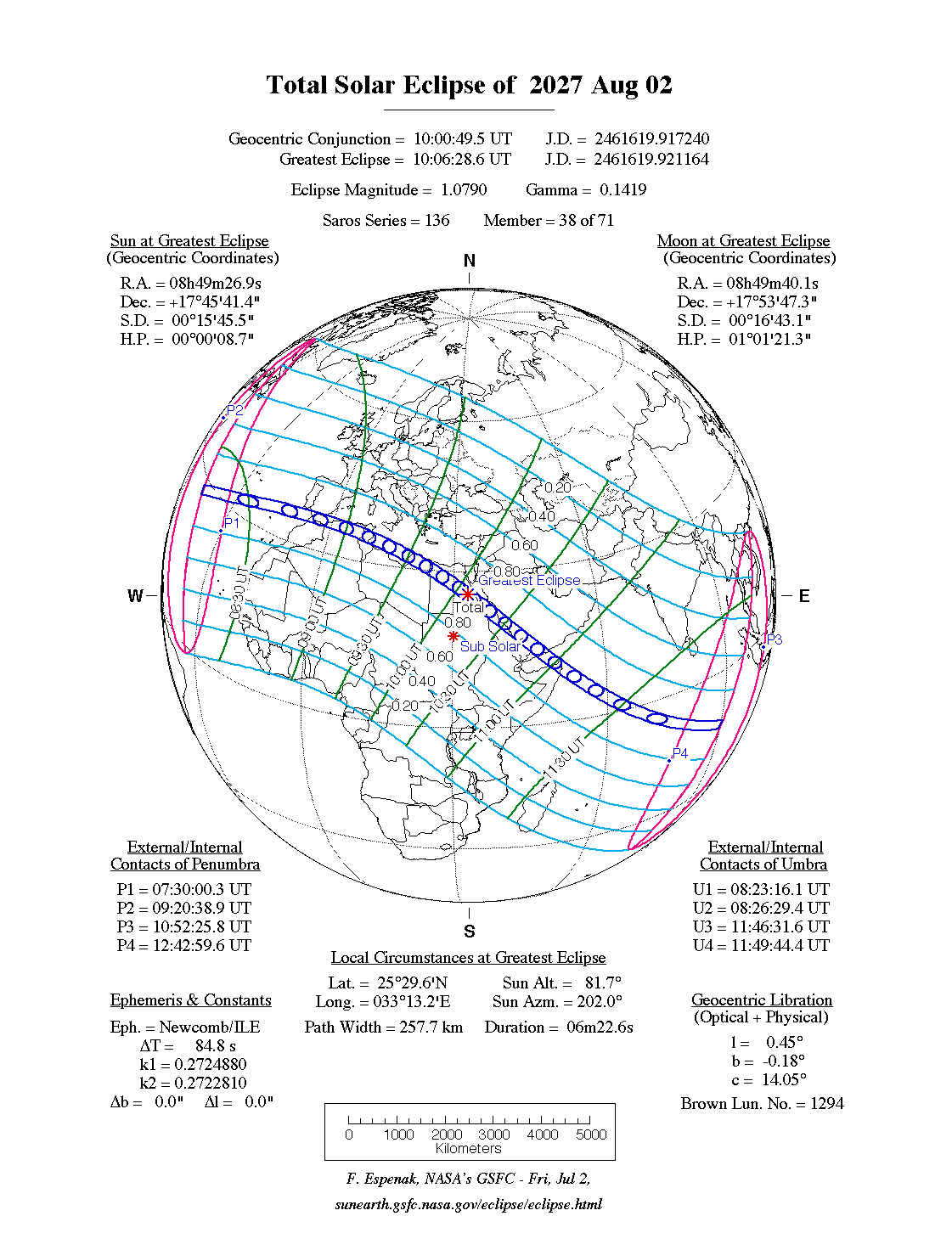 Earth map for the 2 August 2027 total solar eclipse, with a narrow path crossing southern Spain, North Africa, and the Middle East.