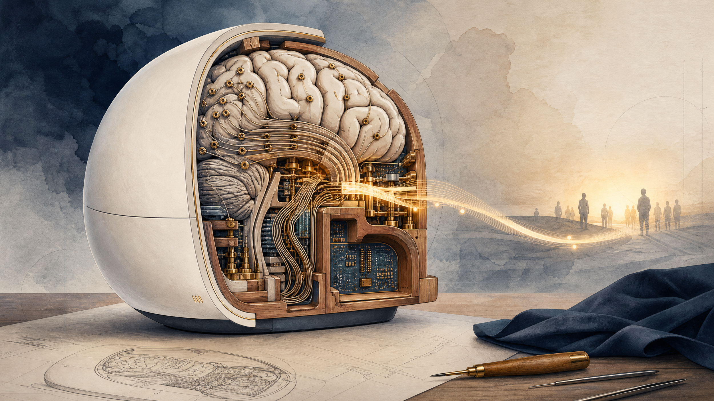A cutaway sculptural instrument reveals a human brain, electrodes, circuitry, and wooden joinery, with a warm thread of light reaching distant human figures.