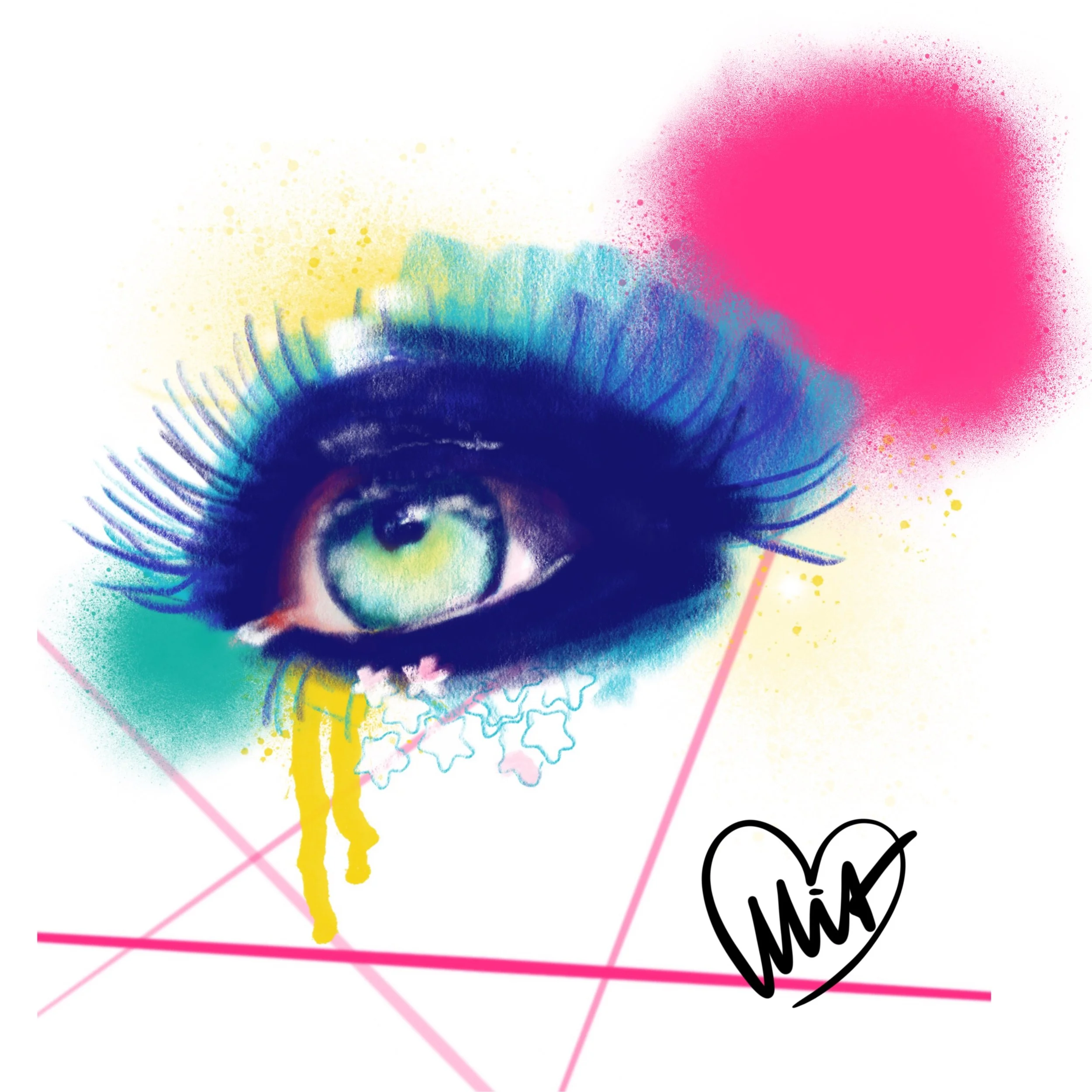 A surreal digital artwork of a human eye with a yellow-green iris and black pupil, surrounded by vibrant blue eyelashes. The eye is placed on a white background with colorful spray paint splatters in pink, yellow, and blue, along with geometric pink 