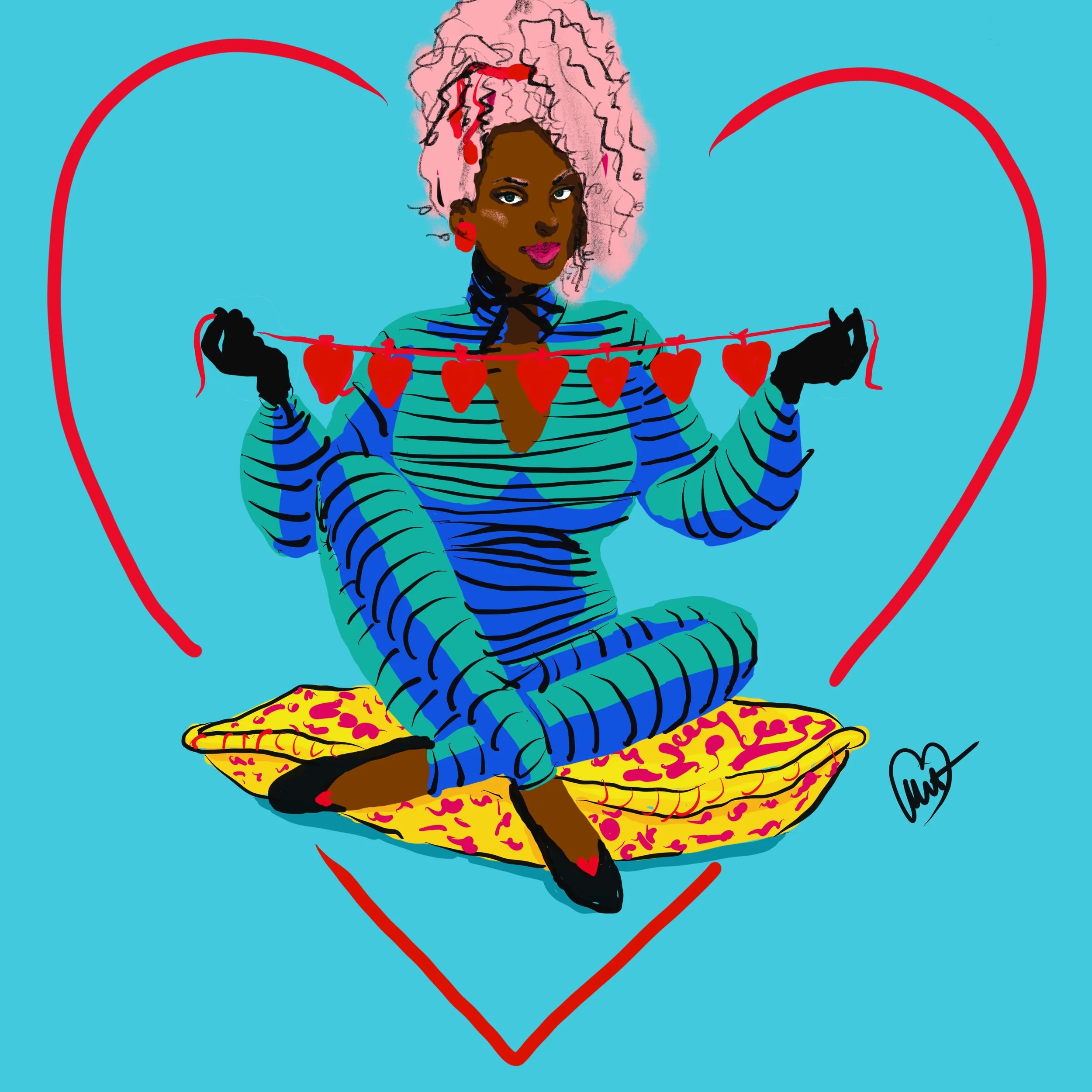 Illustration of a woman with pink curly hair sitting on a yellow patterned blanket, holding a string of red hearts, surrounded by a large red heart outline against a blue background.