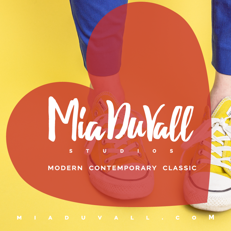 Close-up of a person's feet wearing colorful sneakers against a yellow background, with text overlay reading 'Mia DuVall Studios, Modern Contemporary Classic'.