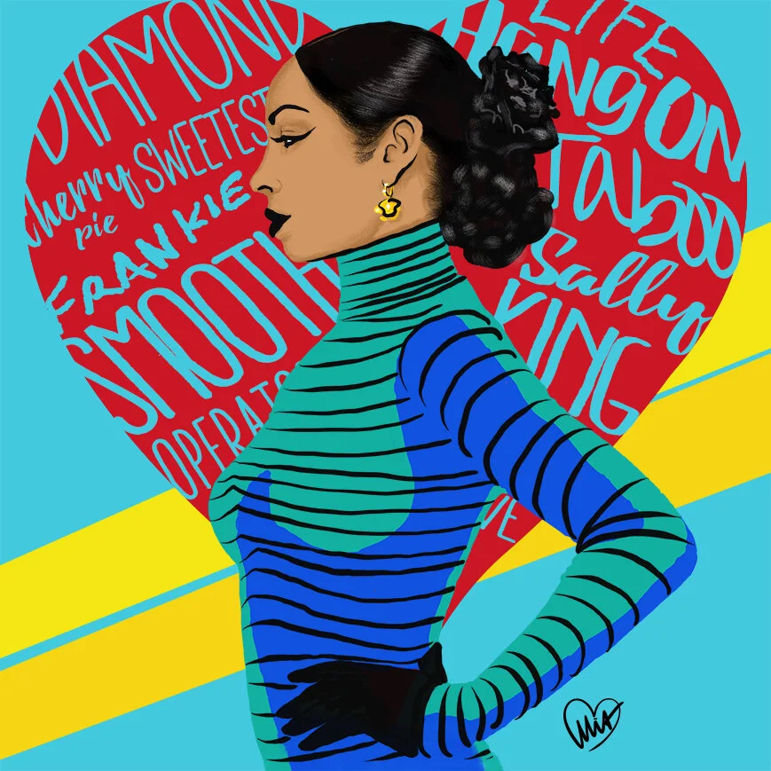 Stylized digital illustration of a woman with dark hair in a vintage hairstyle, wearing a blue and black striped turtleneck, black gloves, and gold earrings, standing in front of a heart-shaped background filled with assorted words related to love an
