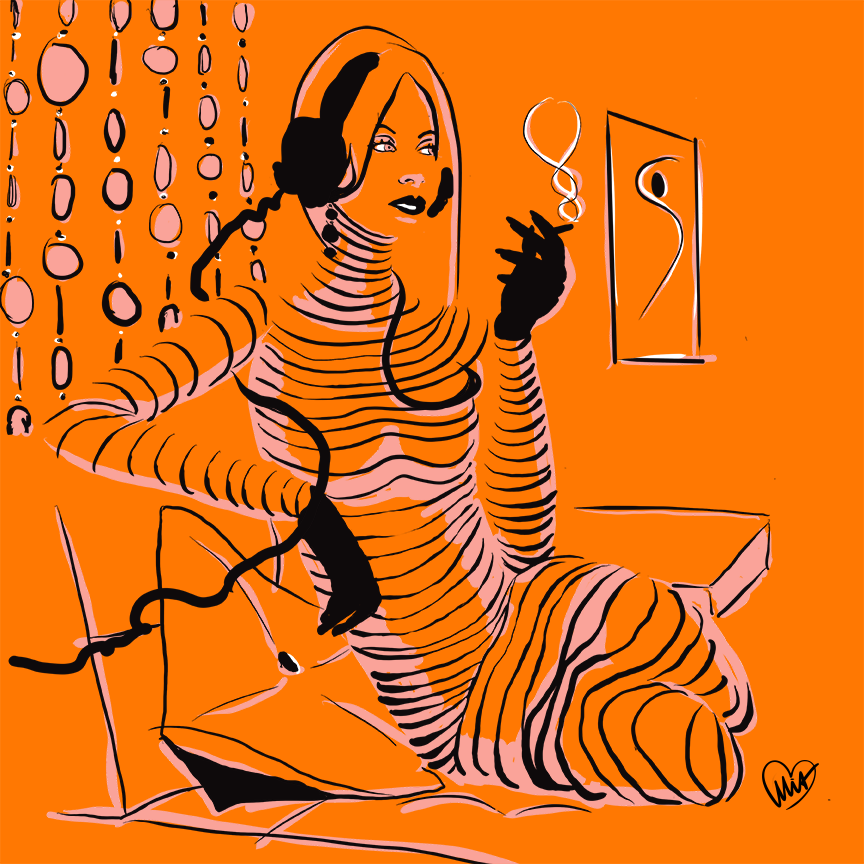 A stylized line art illustration of a woman with a vintage hairstyle, wearing striped clothing, sitting on a bed in a room with an orange background, smoking a cigarette.