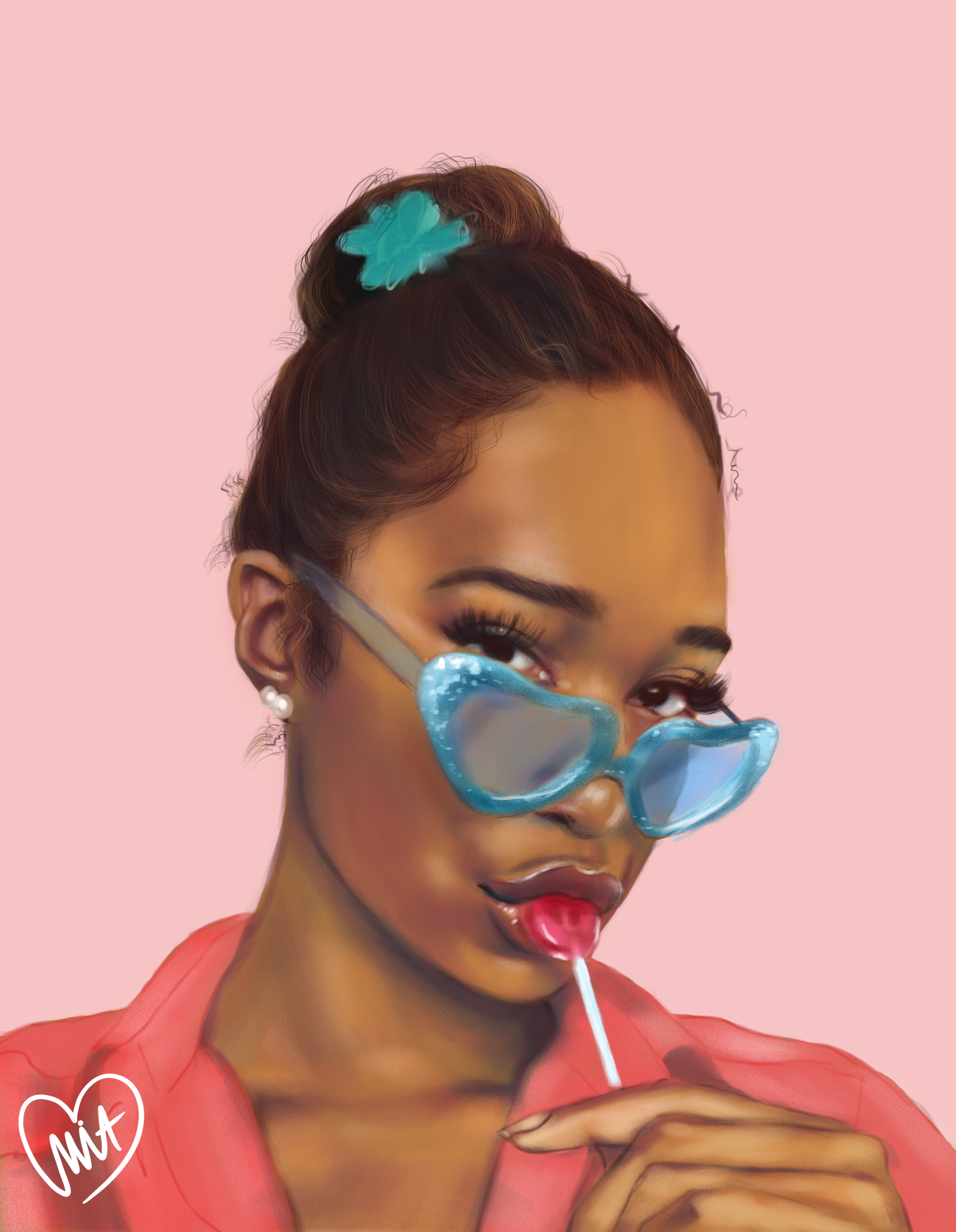 Digital illustration of a woman wearing blue sunglasses, a pink shirt, and a turquoise hair scrunchie, holding a pink lollipop with a pink background.