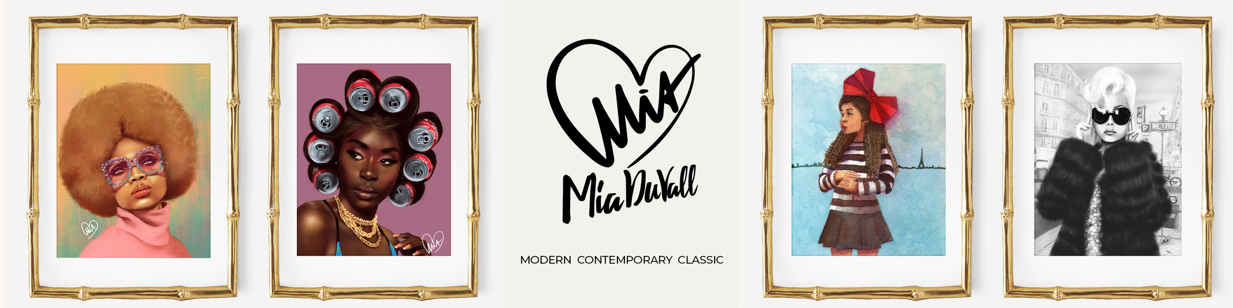 Five framed fashion illustrations of women with distinctive hairstyles and accessories, with Mia Davall logo and text in the center.