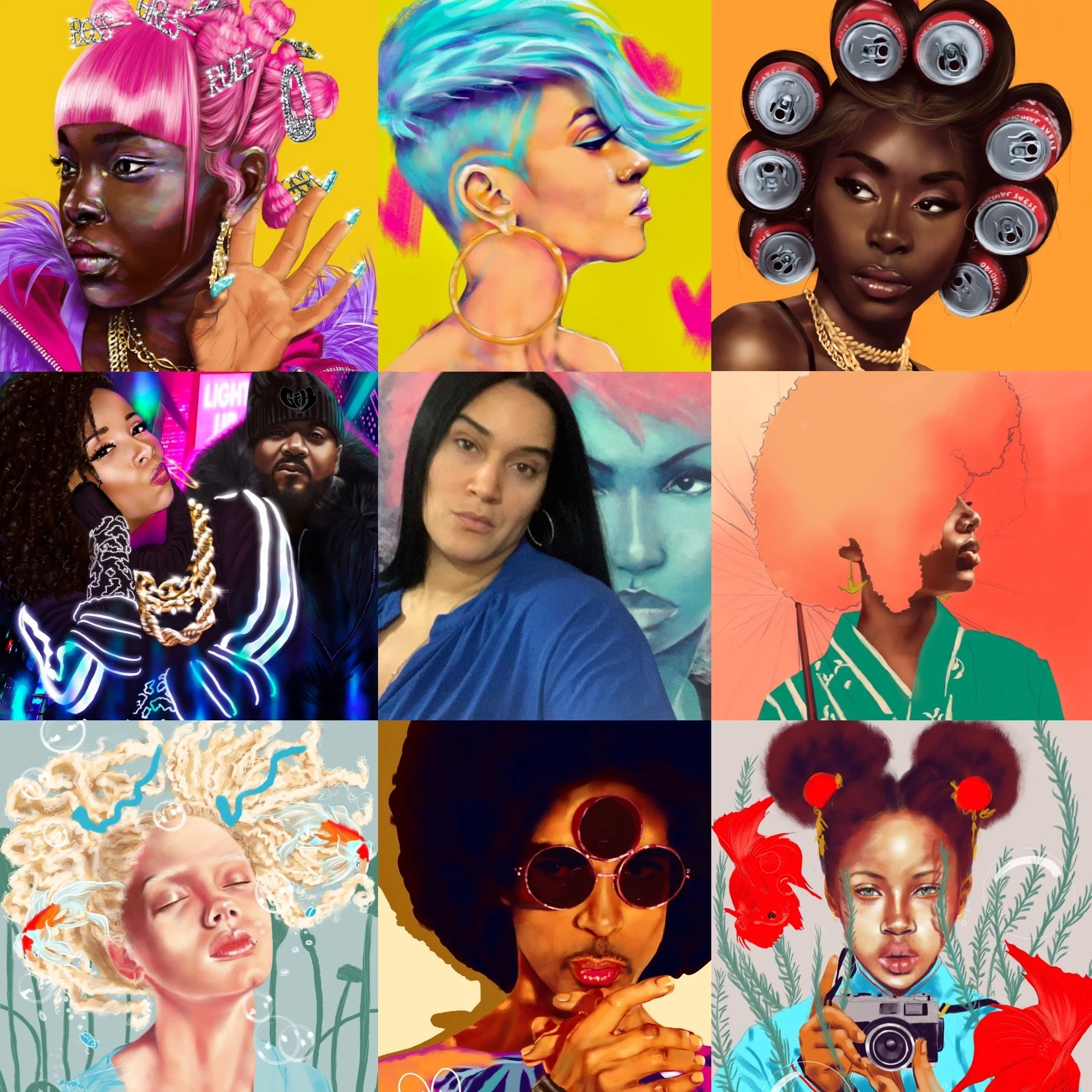 A collage of nine vibrant portraits of women in diverse styles, featuring colorful hair, makeup, and artistic backgrounds.