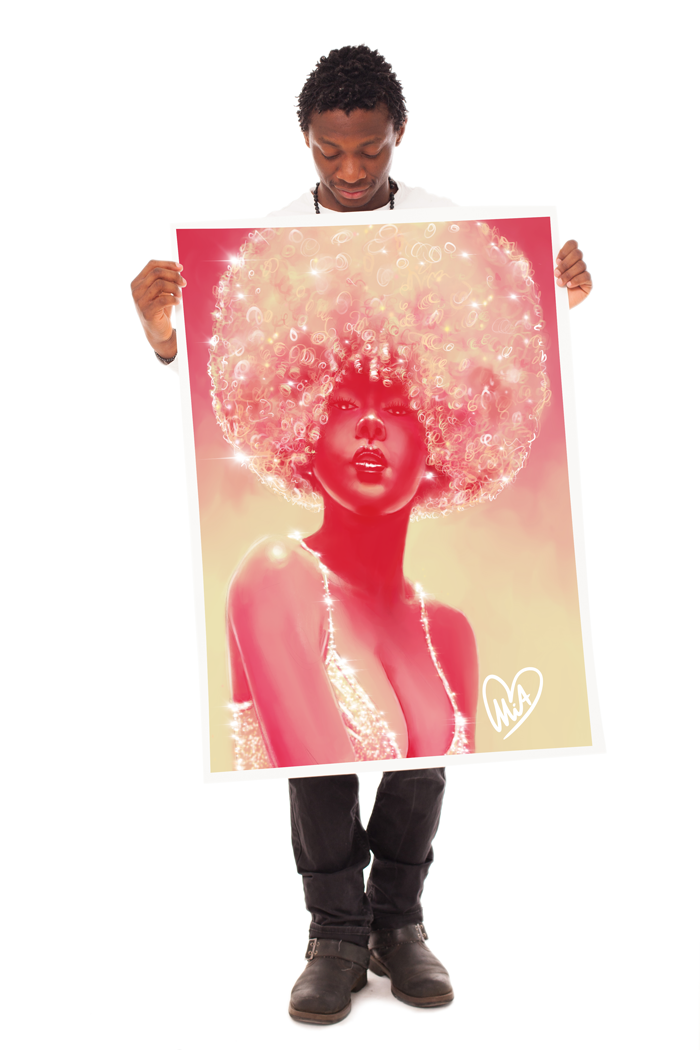 A person holding a colorful portrait of a woman with a large afro hairstyle. The artwork features bright, sparkly effects and a heart signature at the bottom right.