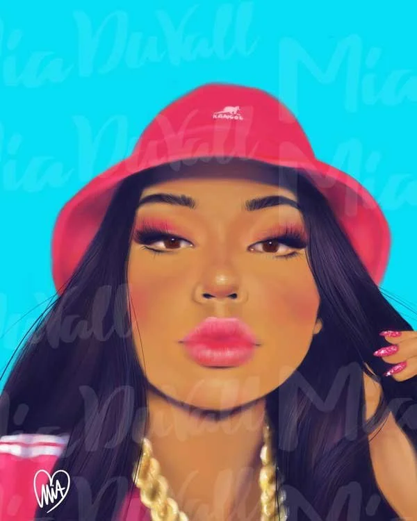 Close-up photo of a woman with long dark hair, wearing a pink hat with a logo, a gold chain necklace, and pink makeup, against a blue background.