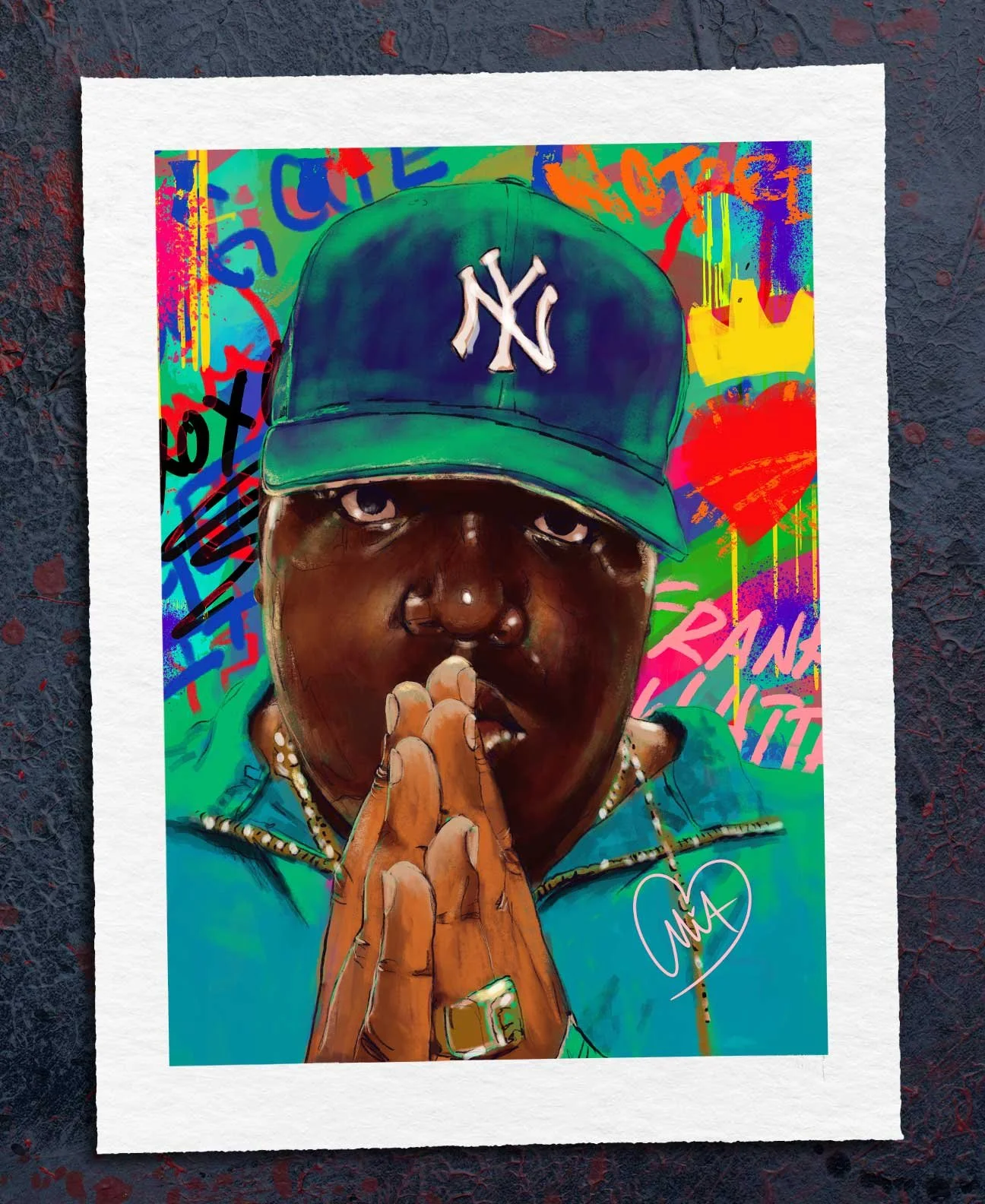Colorful digital portrait of a person wearing a green New York Yankees cap, with hands clasped together near their face, against a vibrant graffiti background.