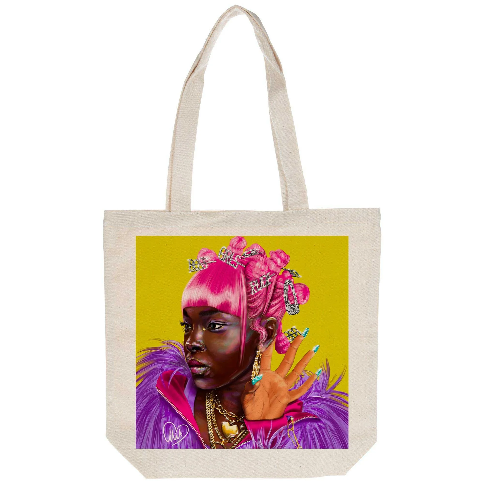 A tote bag featuring a colorful illustration of a woman with dark skin, pink hair styled in buns and straight bangs, wearing a purple feathered coat, multiple gold necklaces, earrings, rings, with her hand raised showing nails painted in light blue. 