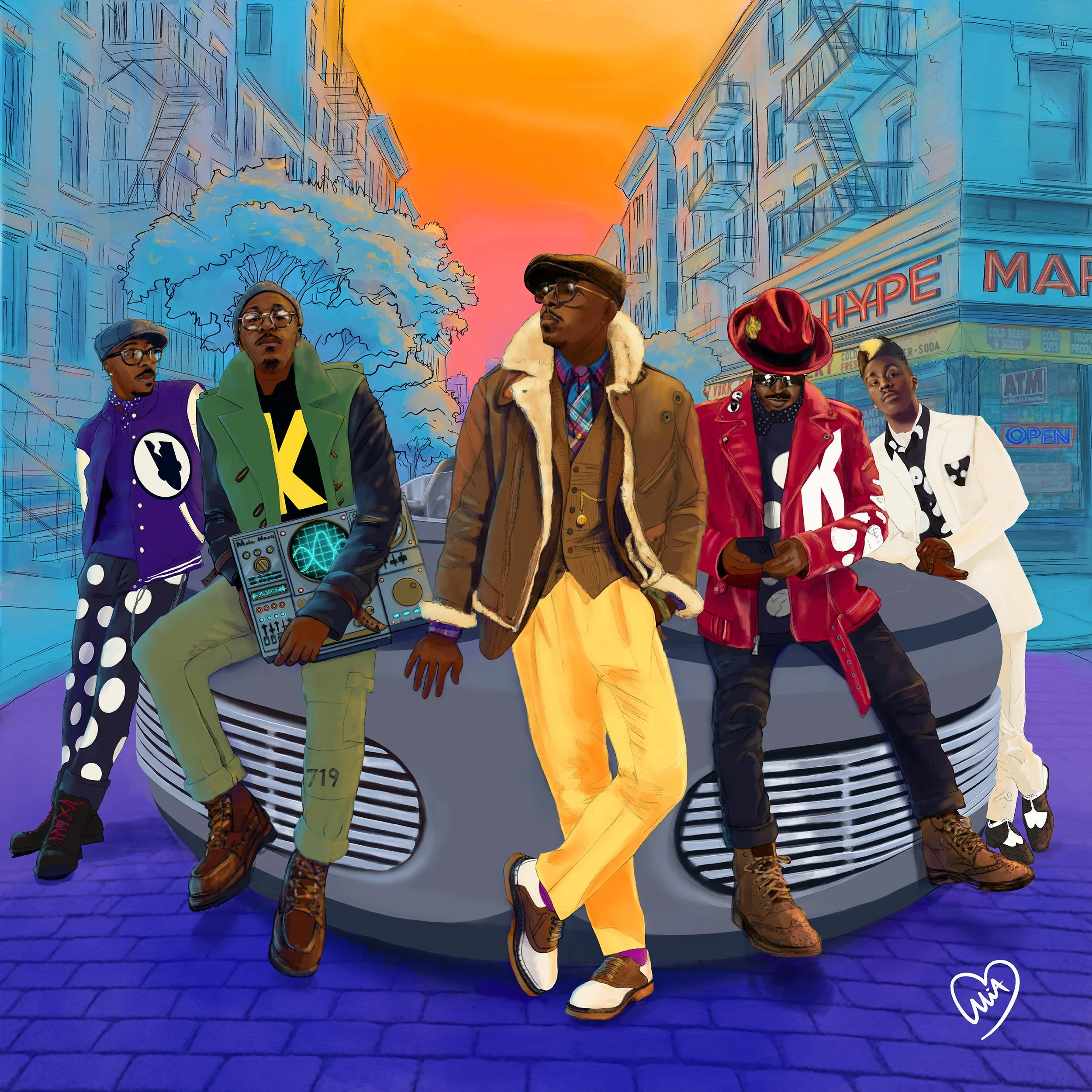 A digital illustration of five diverse individuals dressed in fashionable streetwear, sitting and standing on a modern car in an urban neighborhood at sunset with colorful buildings and stores in the background.