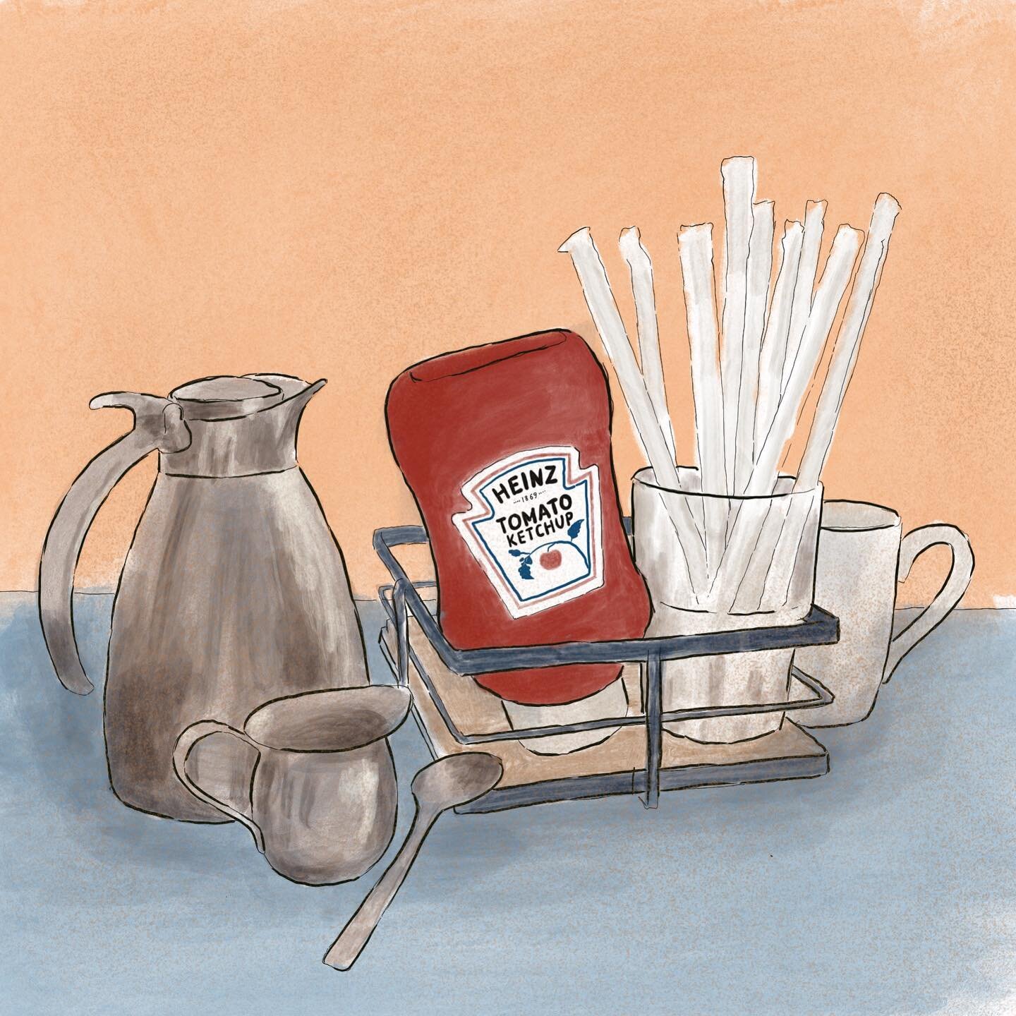 Travel Diary - Waiting for my yummy breakfast to arrive 🥞 ☕️. what&rsquo;s your go to breakfast?.
.
.
#brekkie #traveldiaries #yummy #nommom #digitalillustration #watercolorart #ketchup #coffee #breakfast #art #editorialillustration #procreate #draw