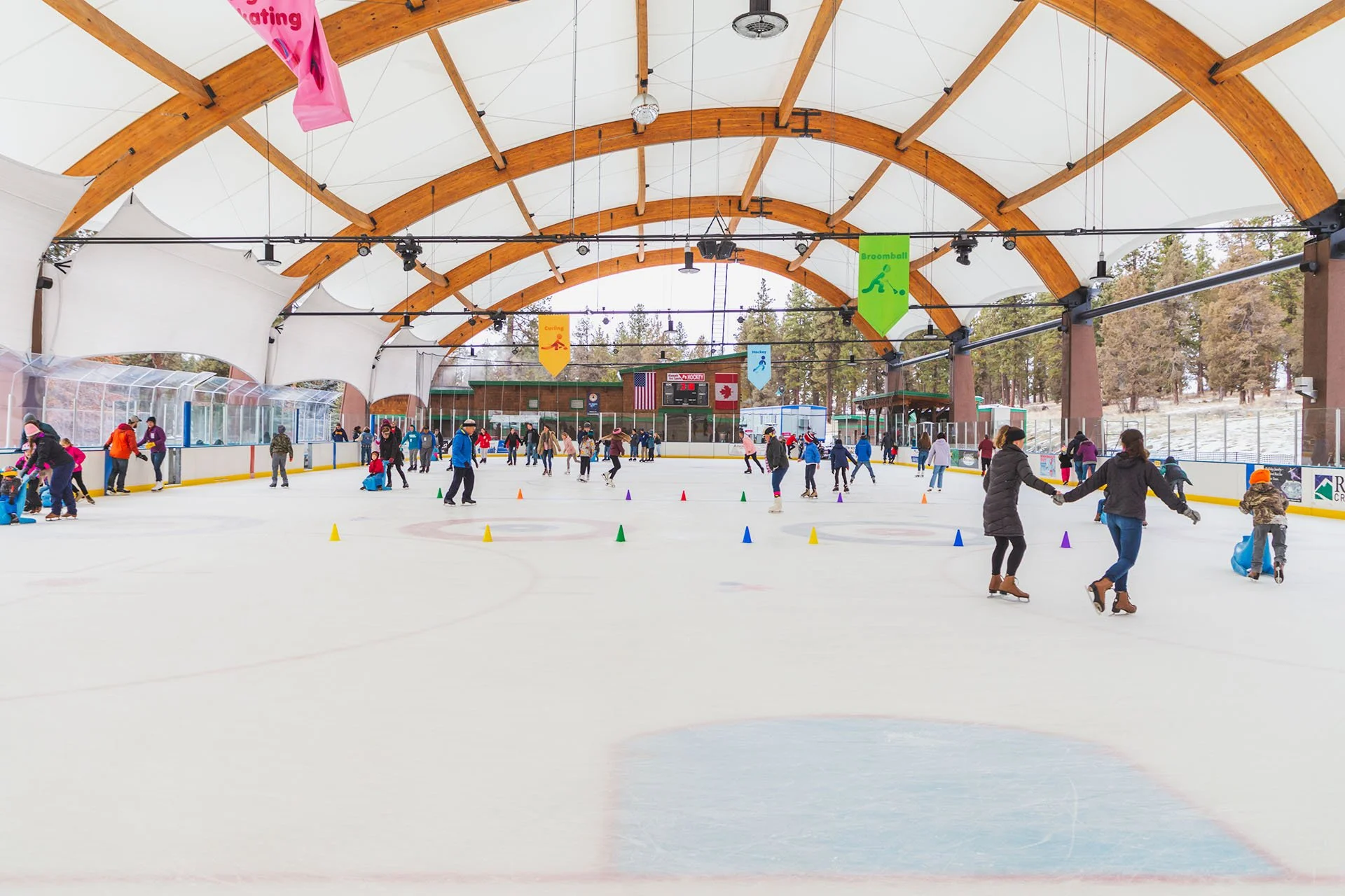 Olympic sized ice skating rink open during winter season at the Running Y Ranch Resort.  Family friendly fun with hot chocolate, and ice skating for adults and kids.  Things to do in Klamath Falls, Oregon at the Running Y Ranch Resort.