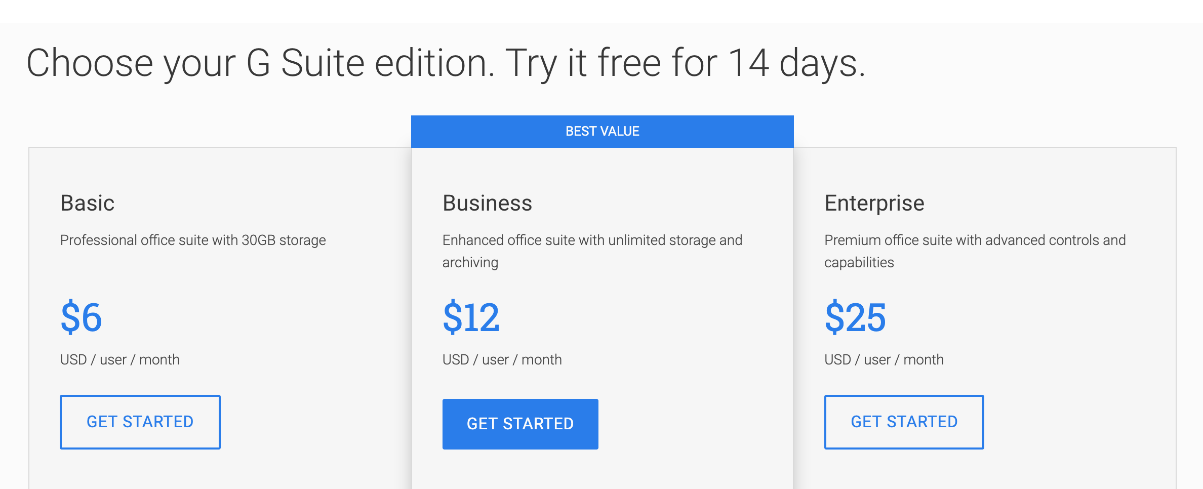 Google’s G Suite pricing page include pricing tables that highlight as single plan as “best value”