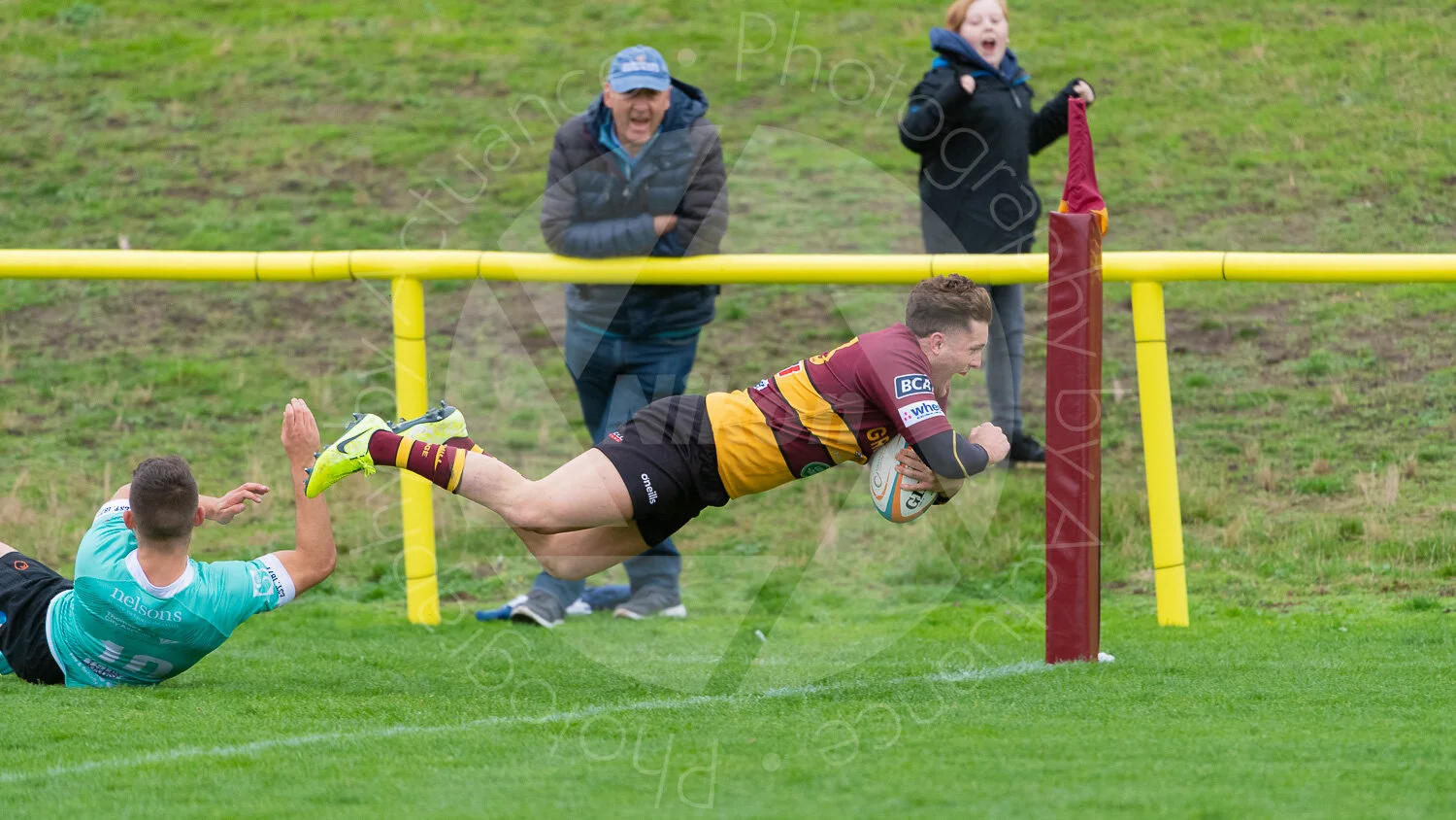 Sam Hanks crosses the whitewash for Ampthills 1st Championship League try (Photo: Iain Frankish, Actuance Photography)