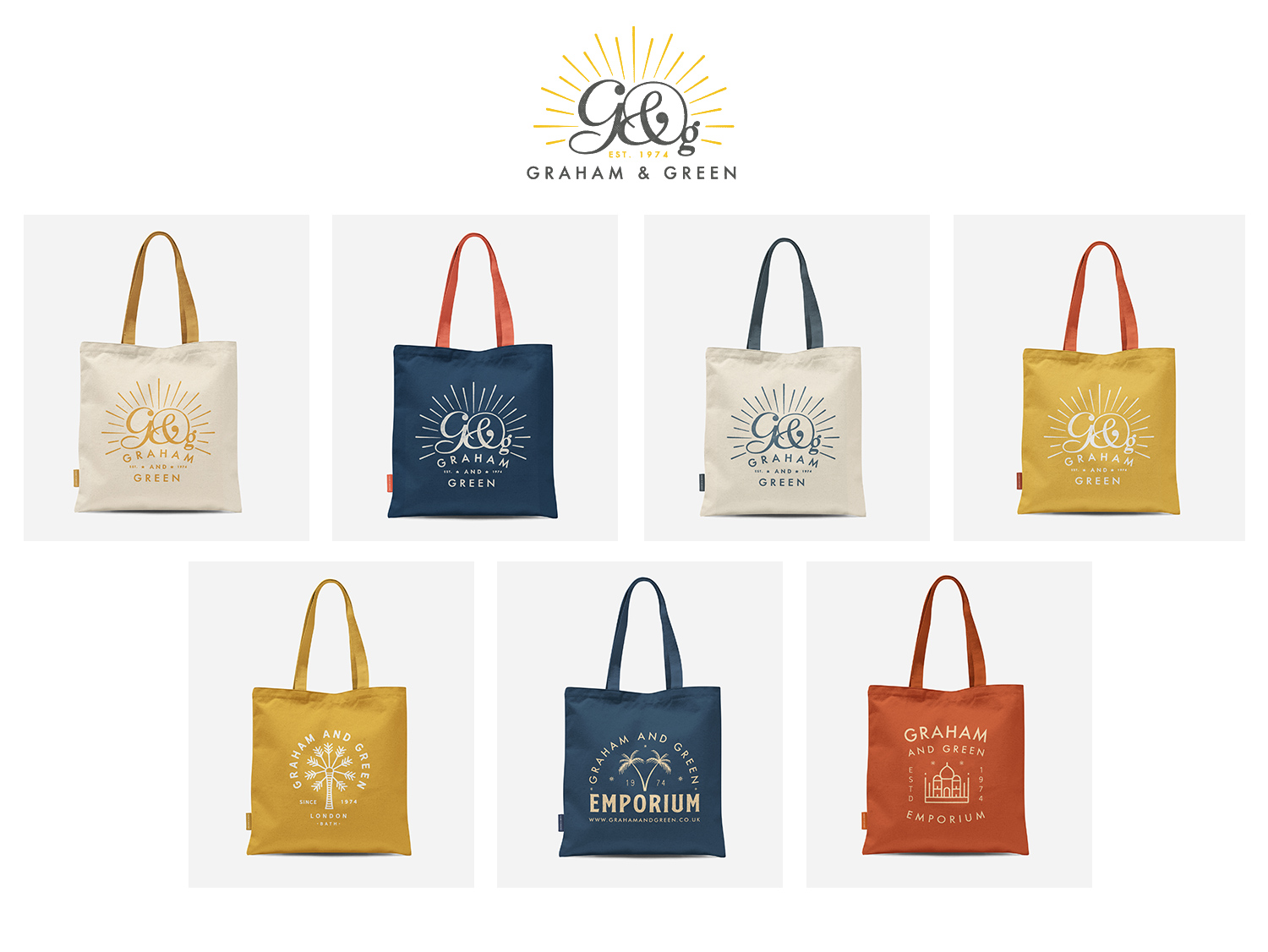 As well as a wide choice of seasonal cotton tote bag designs ( above ), I also re-designed the shop signs, which were inspired by colourful, traditional Indian rice sacks. For more re-designs, please contact me.