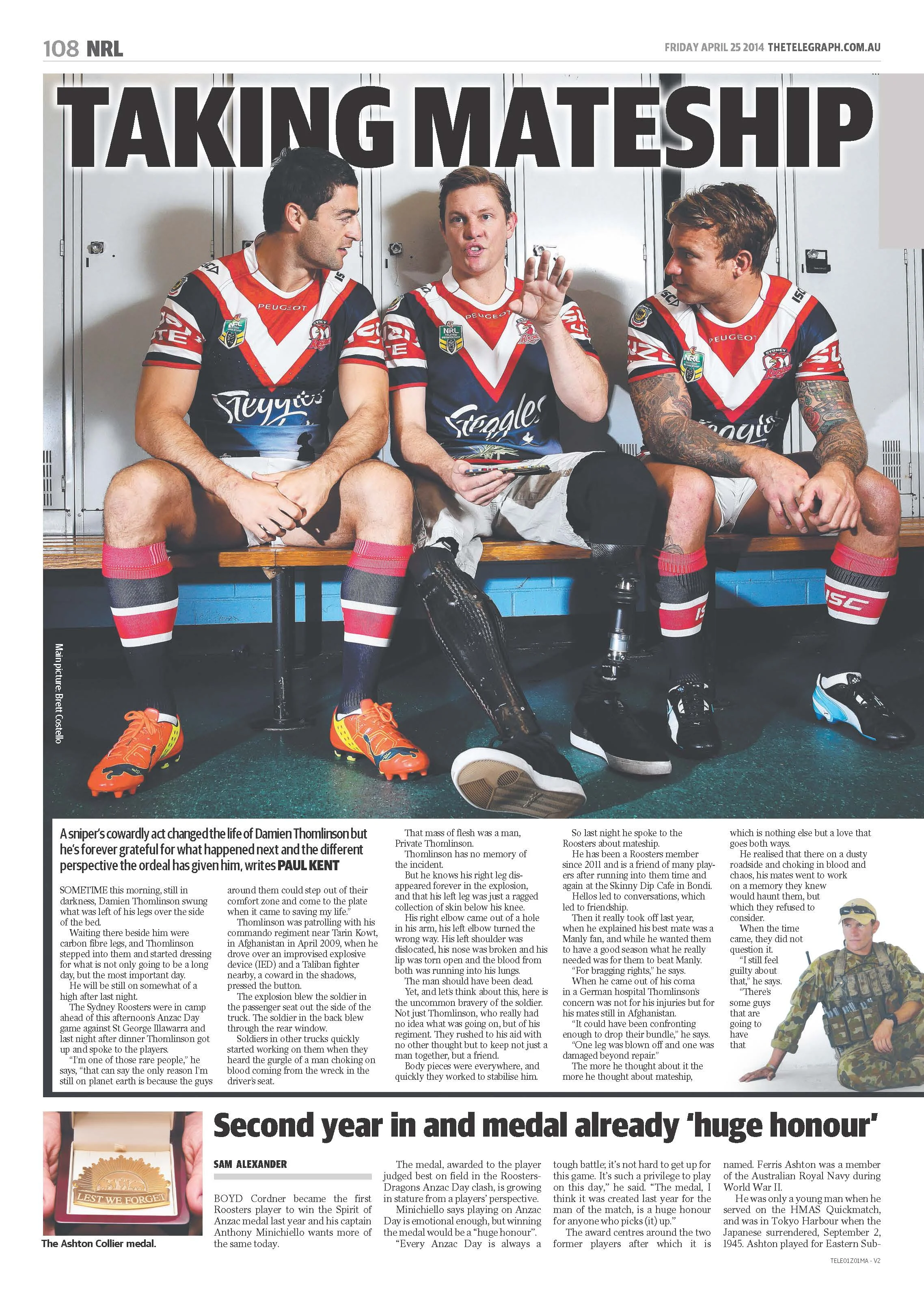 Damien teamed up with the Sydney Roosters NRL team to tell his story to The Daily Telegraph