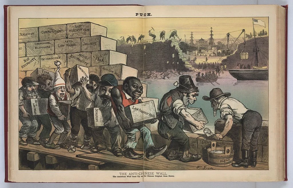 "The Anti-Chinese Wall: The American wall goes up as the Chinese original goes down," Friedrich Graetz, 1882. Source: Library of Congress .