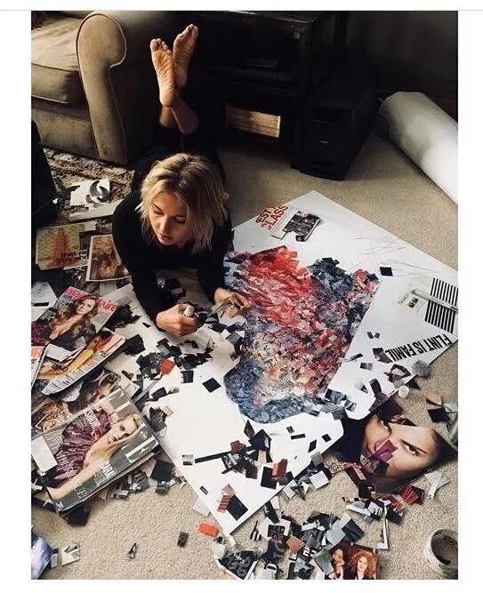 Whitney L Anderson cutting magazine pieces for a mosaic collage portrait
