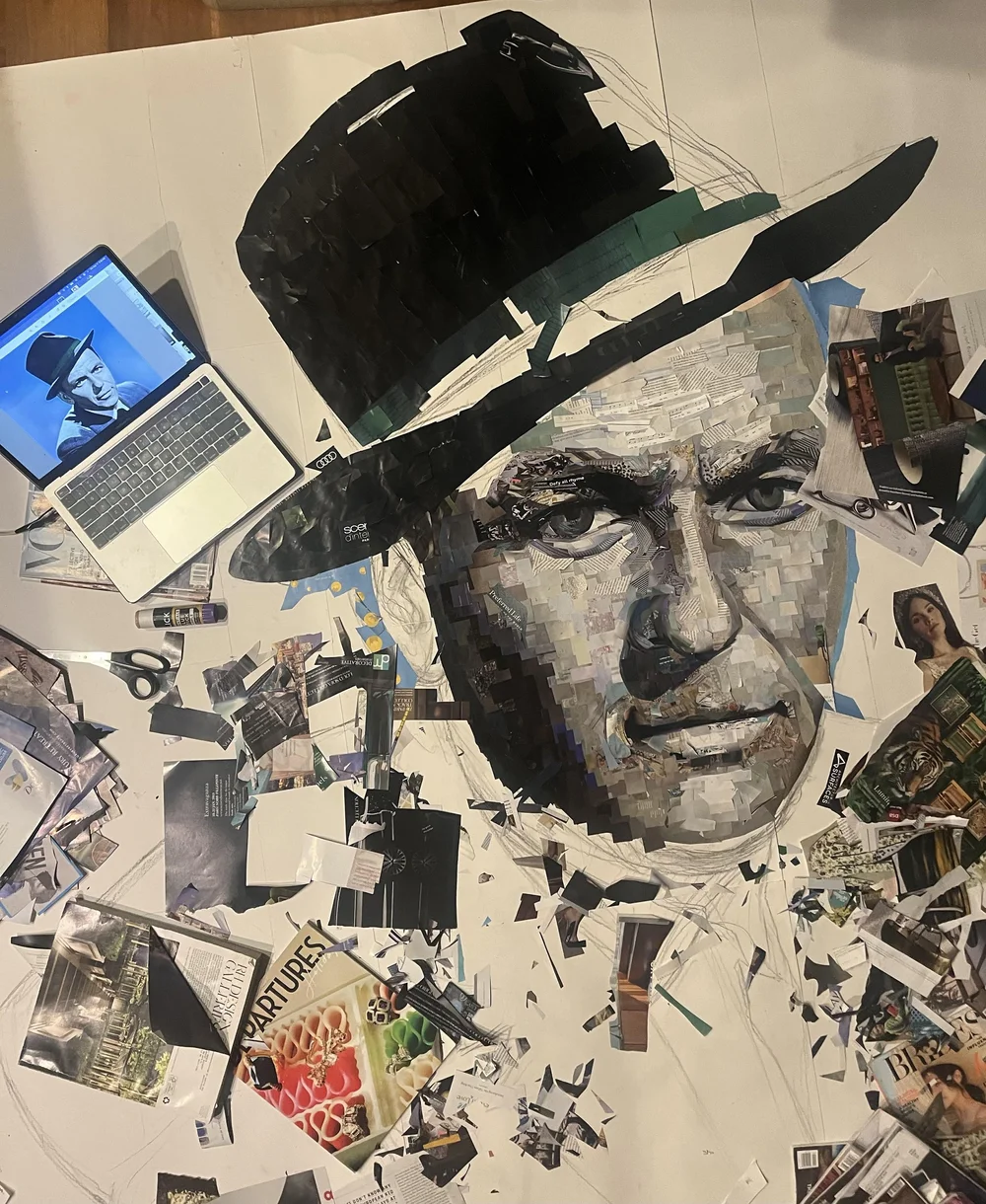 Frank Sinatra, 6×6 ft collage process: Cutting the hat
