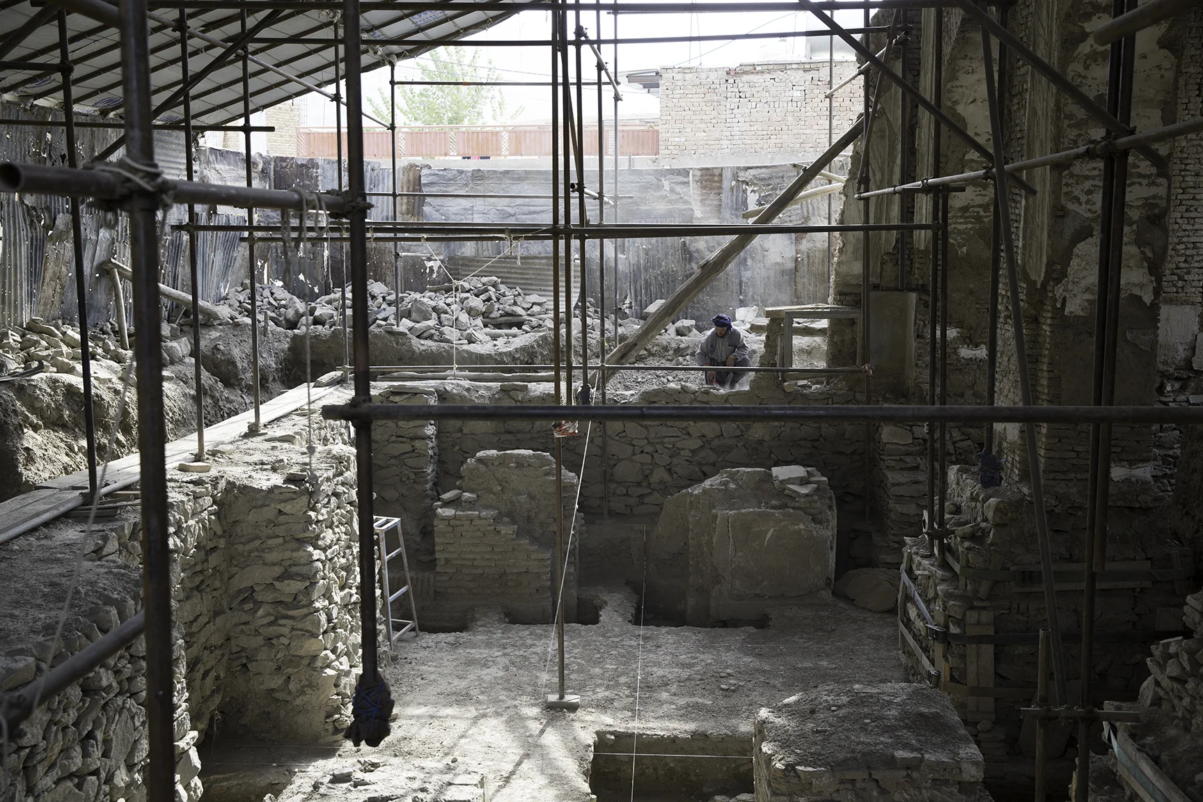 Scaffolding supports the ongoing restoration work at the early twentieth-century Gudri Mosque in Kabul, built upon an earlier structure.