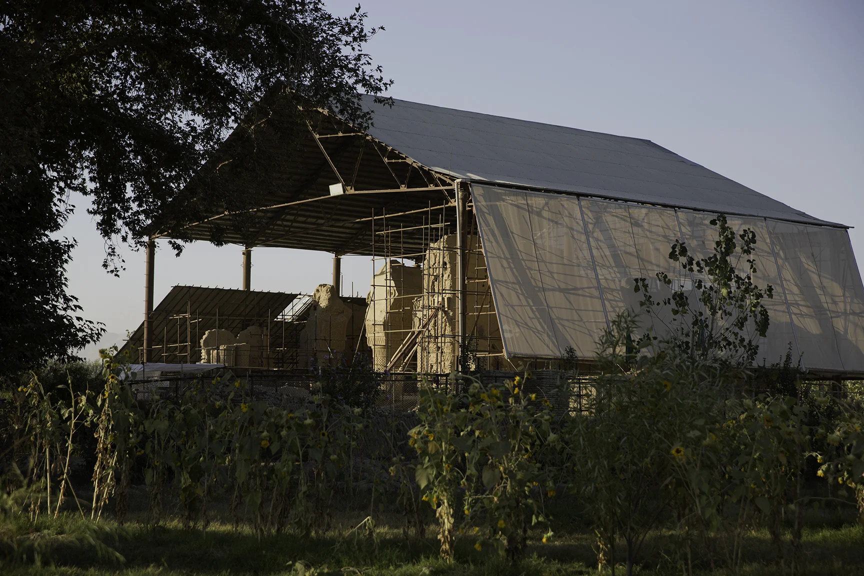 Providing only partial protection from the strong winds and harsh climate of the Balkh plain, a metal structure was installed to cover the site decades before any comprehensive preservation work was undertaken.