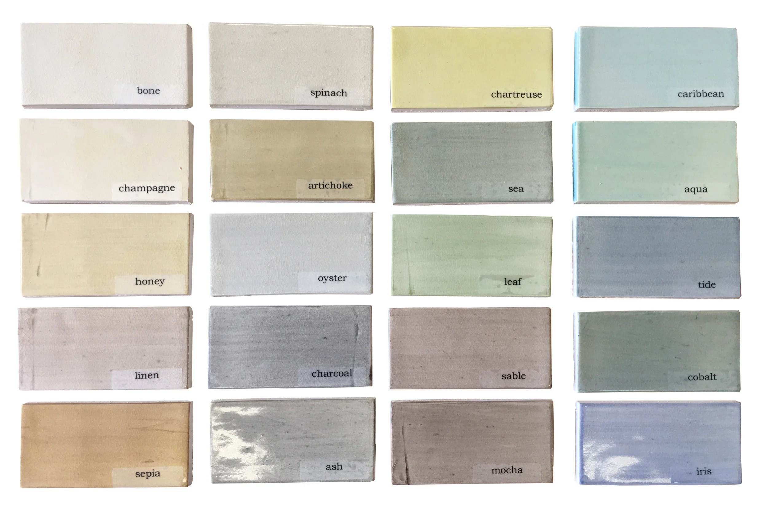 LAYERED WASHES with GLOSS CRACKLE GLAZE: Each tile is hand brushed in the color of your choice. Shown here are our crackle glaze color options. Satin finish also available.