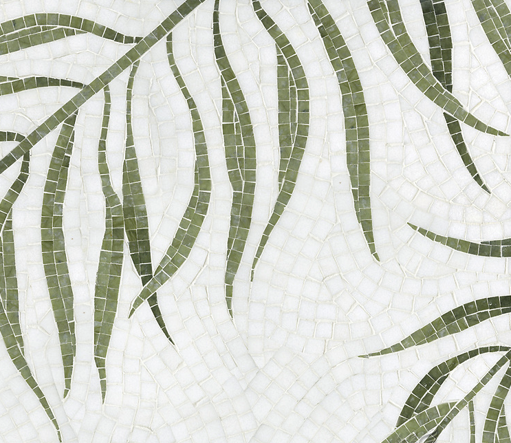 NEW RAVENNA: PALM a hand-cut stone mosaic, shown in polished Thassos and Chartreuse