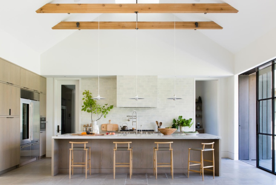  Kitchen design featuring Tempest Tileworks hand brushed 3x8 field tile in Cloud 