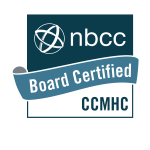 A blue and white logo for NBCC board certification for licensure