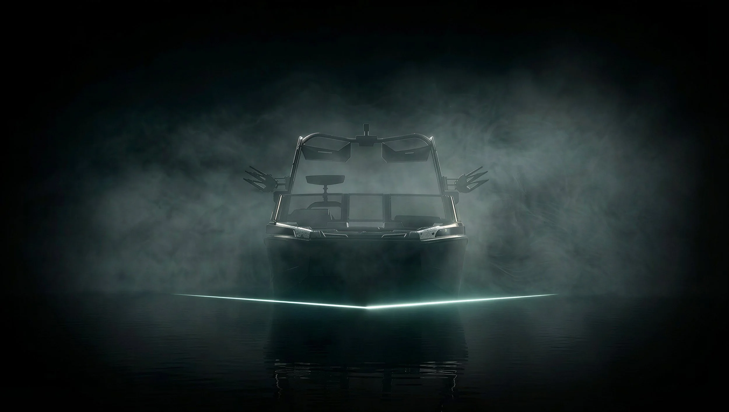 A wakeboat, partially illuminated with a glowing outline, shrouded in fog on a dark, reflective water surface.
