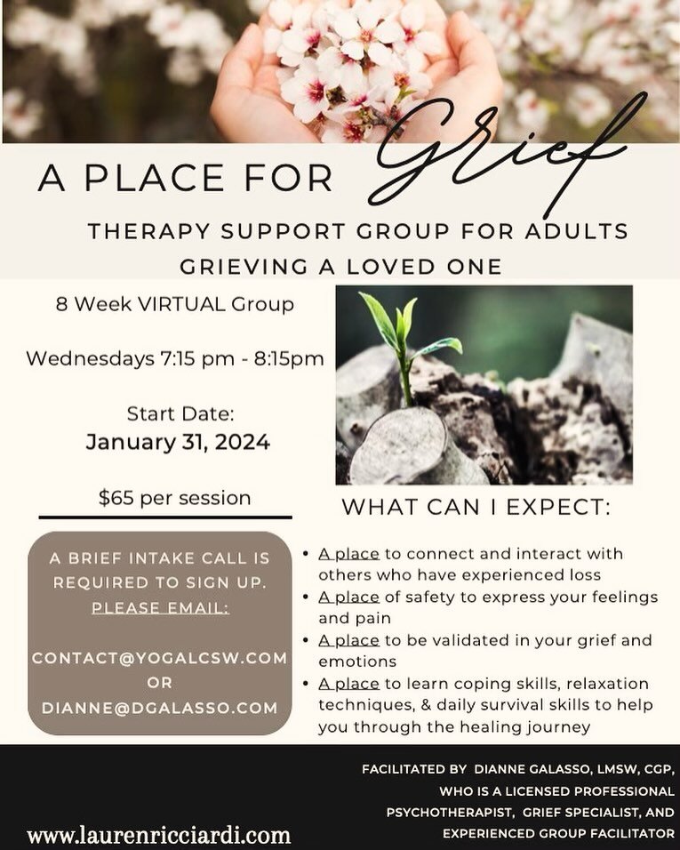 A few spots left for our upcoming Therapy Grief Group! We will be a postponing the start date to Feb 7th. Please reach out this week to schedule an intake phone call to join the group. Feel free to reach out if you have any questions at all. 

We loo