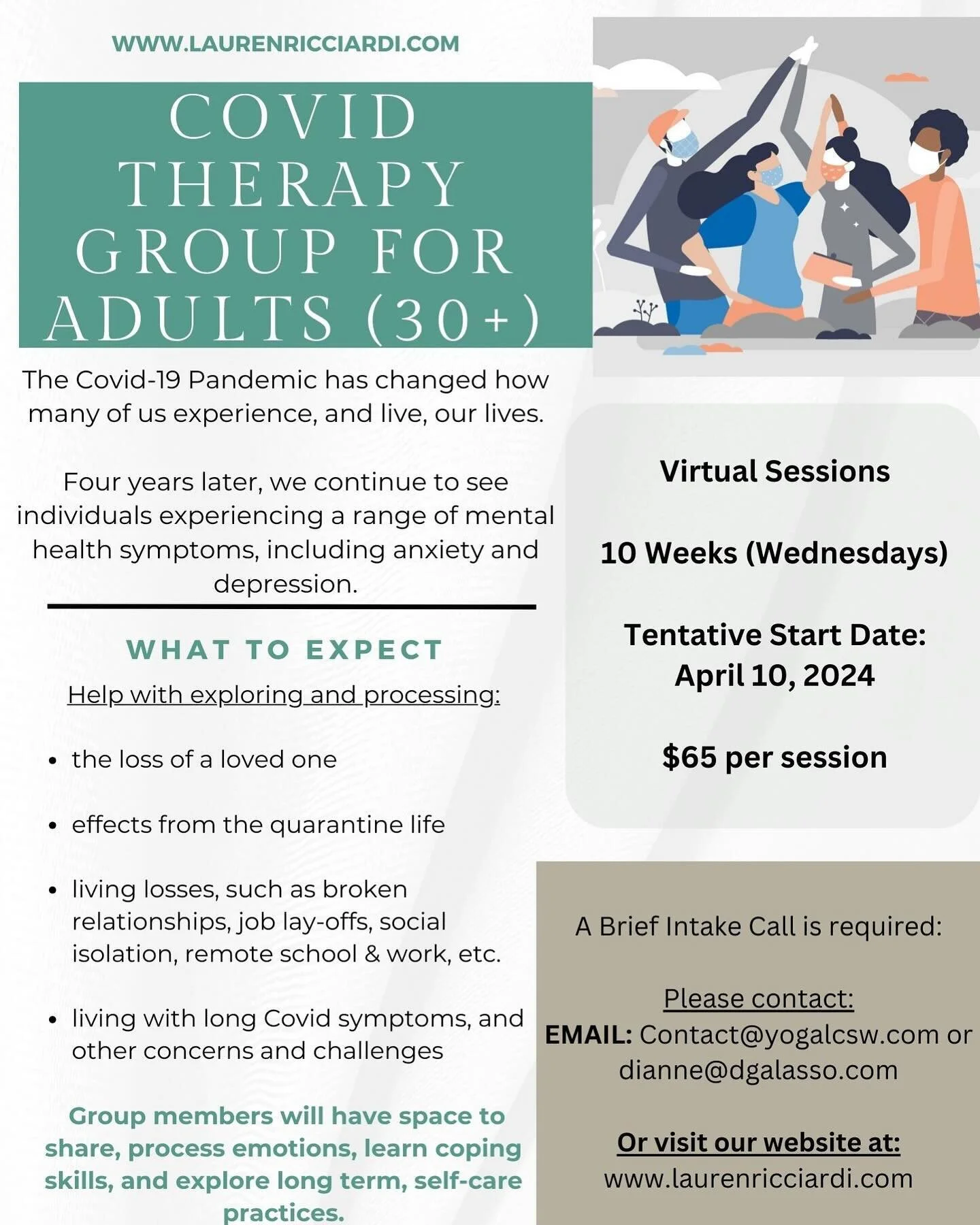 My group practice will be offering a Covid therapy Group in April. This will be a therapeutic offering to those who continue to experience the effects from Covid. Please reach out if you or someone you know continues to feel burdened by Covid and is 