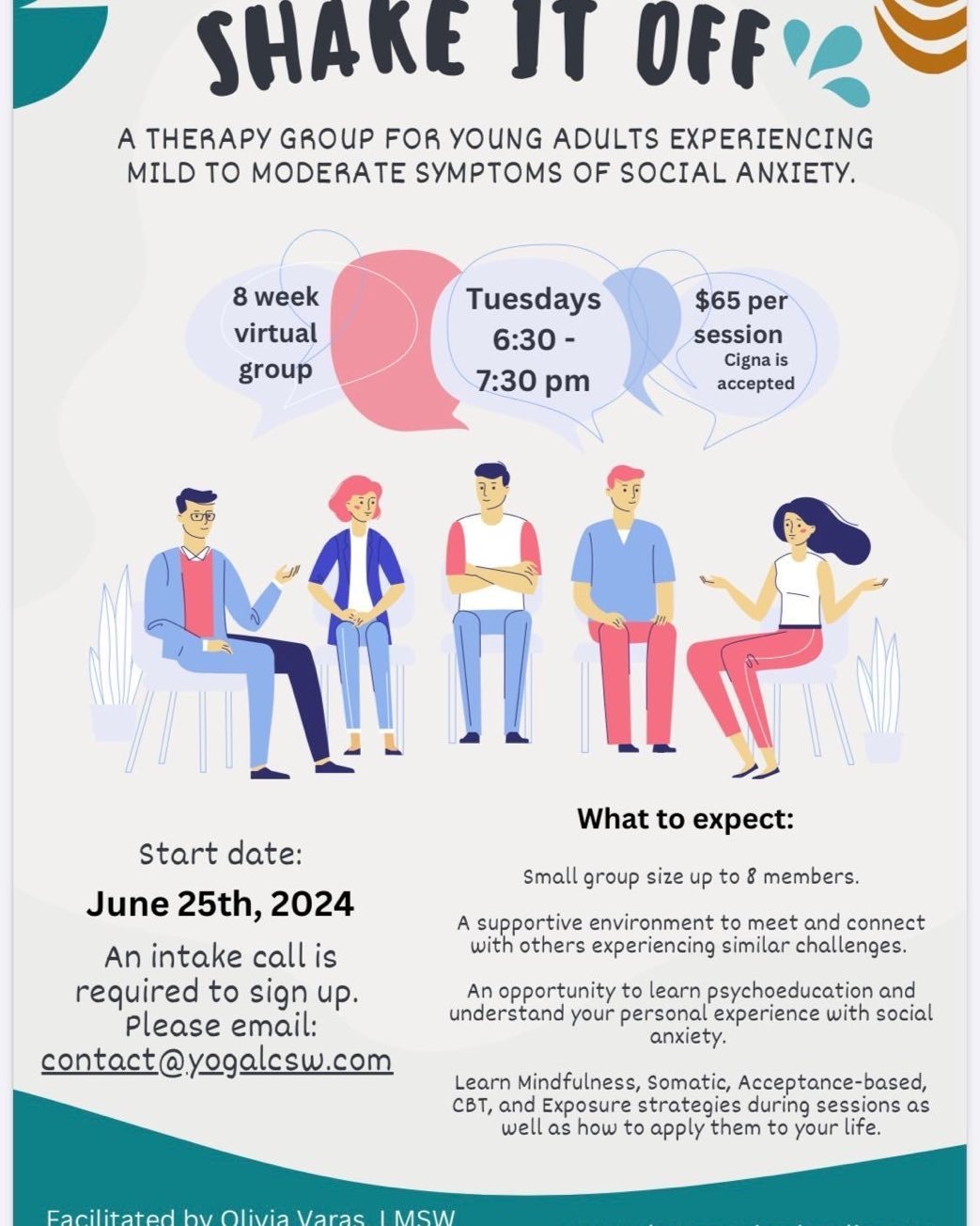 My practice will be offering a new therapy group for young adults. Shake it off - a social anxiety group for young adults (under 25 years old). This is an opportunity for young adults to bravely challenge and care for their anxieties while in a group