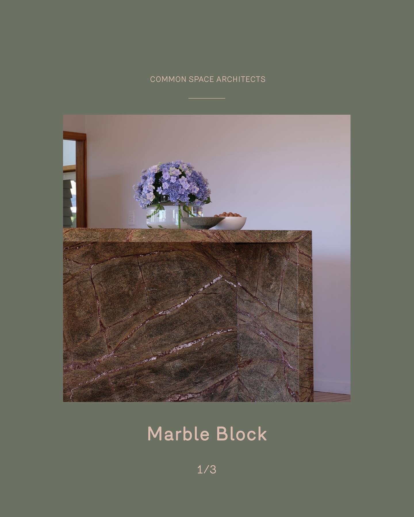 Marble Block 1/3⁠⠀
⁠⠀
A deep green marble was chosen for the island bench for its resemblance to aerial maps of back-country farmland, you can trace the ravines and rivers that run through it. The marble is formed into an angular block around which e