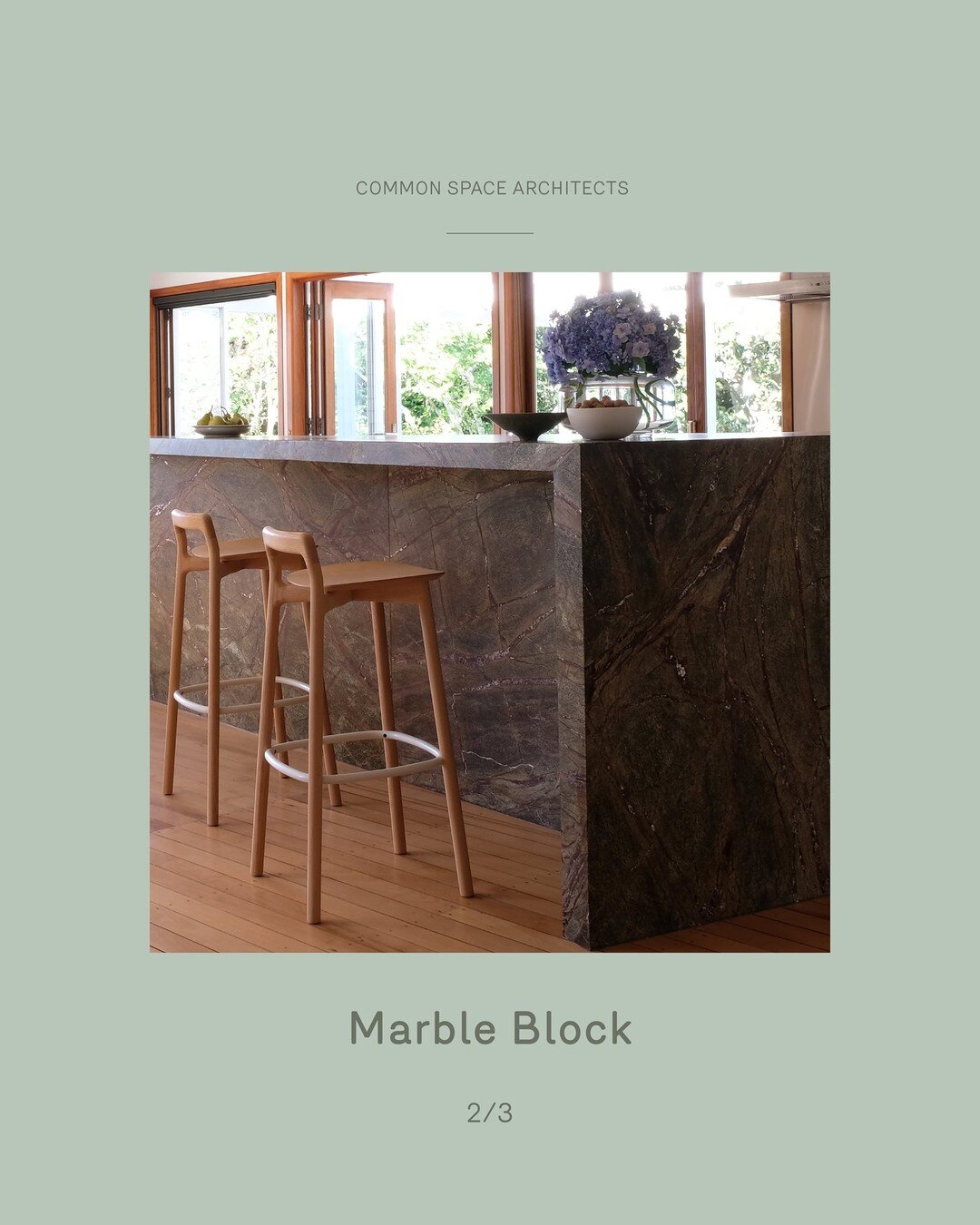 Marble Block 2/3⁠
⁠
A deep green marble was chosen for the island bench for its resemblance to aerial maps of back-country farmland, you can trace the ravines and rivers that run through it. The marble is formed into an angular block around which eve