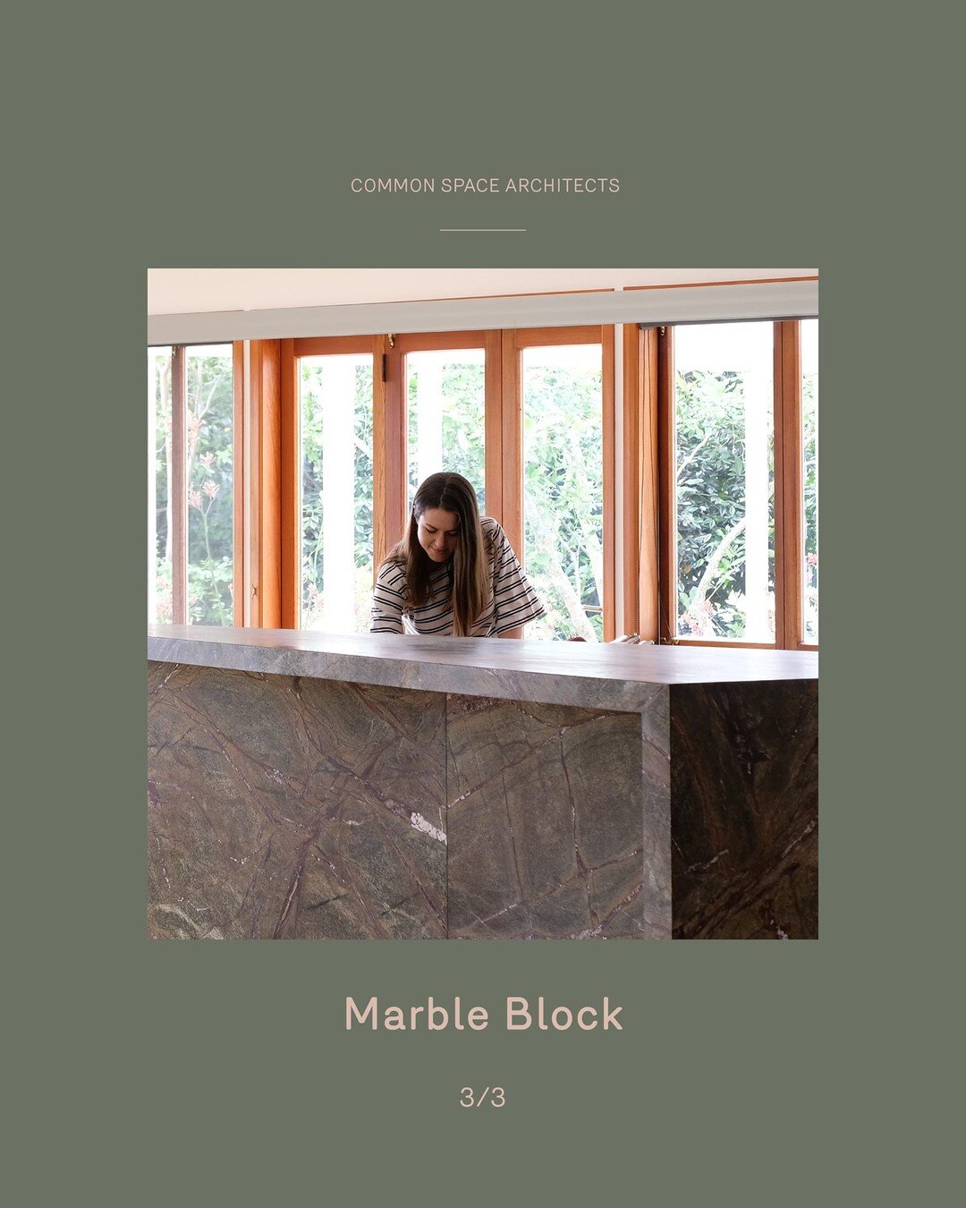 Marble Block 3/3⁠
⁠
A deep green marble was chosen for the island bench for its resemblance to aerial maps of back-country farmland, you can trace the ravines and rivers that run through it. The marble is formed into an angular block around which eve
