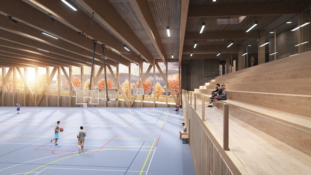 Ved Triaden: Den nye cheerleaderhallen skal bygges litt ned i bakken og ha en takhøyde på ni meter. Illustrasjon: Helling arkitekter. Bilde hentet fra Romerikes Blad.
