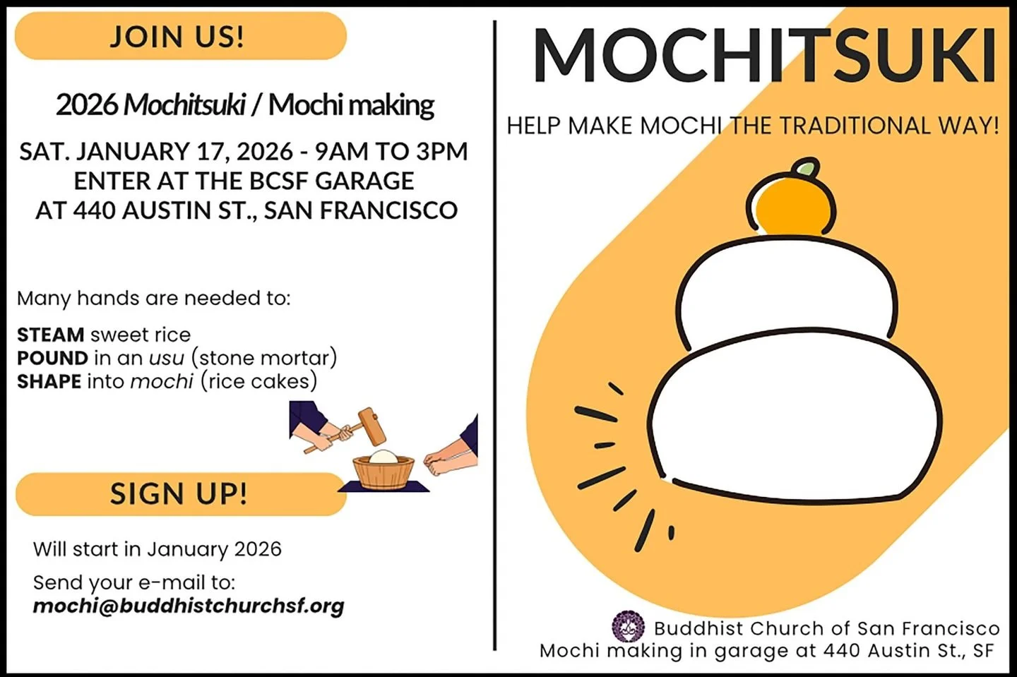Mochitsuki (traditional mochi pounding) is still going on @buddhistchurch.s.f.1898 garage (enter from Octavia via Austin St)!

Repost from @buddhistchurch.s.f.1898
&bull;
Please join us for Mochitsuki on Saturday, January 17, 2026, from 9am to 3pm in