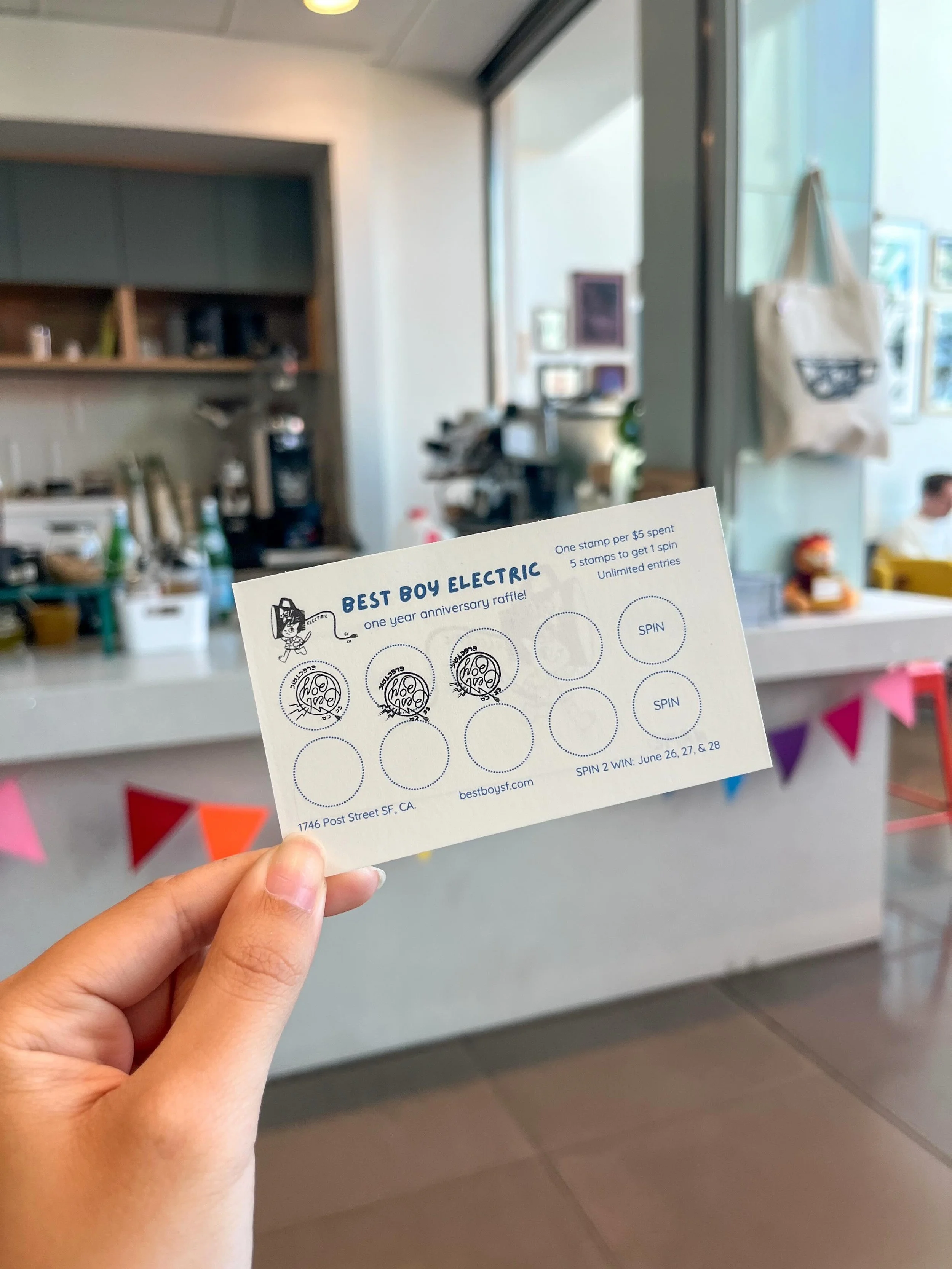 BEST BOY 1 YEAR STAMP CARD 💫

Happy 1 year anniversary @bestboysf ! To celebrate, for a limited time you can participate in their stamp card raffle event! 🎉

For every 5 dollars spent you can earn 1 stamp and for every 5 stamps earned you can get s