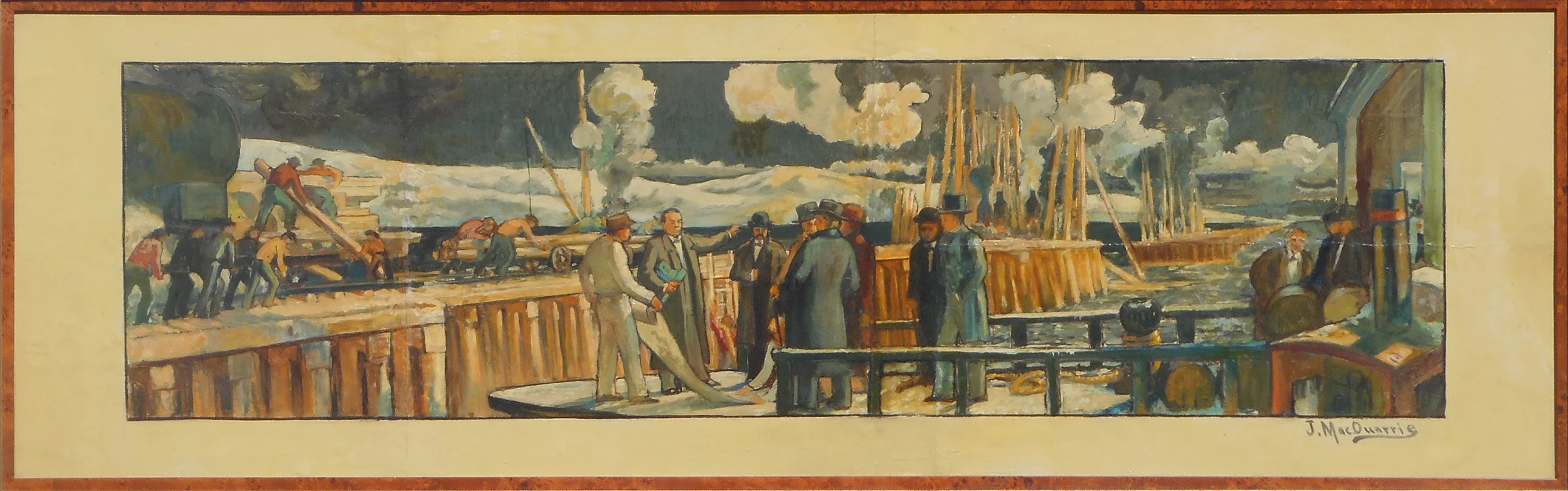 Two paintings by John A. McQuarrie, showing moments in the history of the transcontinental railroad, will be part of an exhibition opening Friday, May 3, at Anne Jespersen Fine Arts in Helper, Utah. The exhibition is one of many events in Utah marking the 150th anniversary of the driving of the "golden spike." (Images by John A. McQuarrie, courtesy of Zions Bank.)