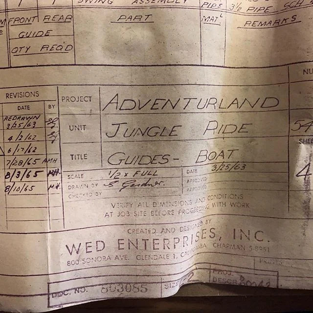 Ive been slowly going through old drawings and re-organizing.  Came across this gem!  A Jungle Cruise boat guide drawing from 1963! Our past Disney projects have included these parts, prop shafts for the Finding Nemo subs, Mark Twain paddle wheel ove