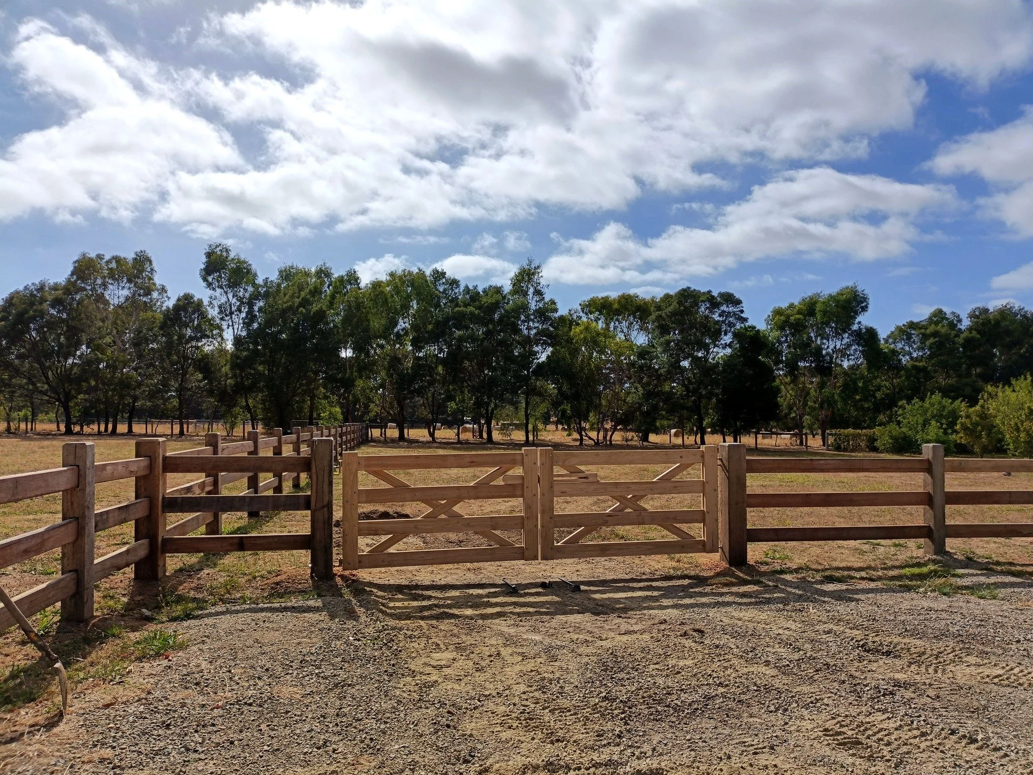 3 sets of double gates installed in Baxter.

A selection of photos during install, featuring 6 gates added to the client&rsquo;s existing post and rail fencing. All gates were supplied raw, allowing the client to apply their preferred oil finish.

Ea