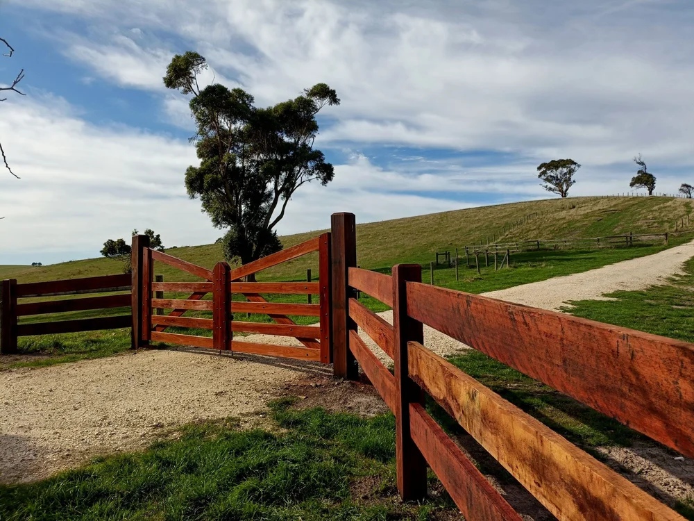 Ironbark gates and matching post and rail fencing at a Mount Eccles property