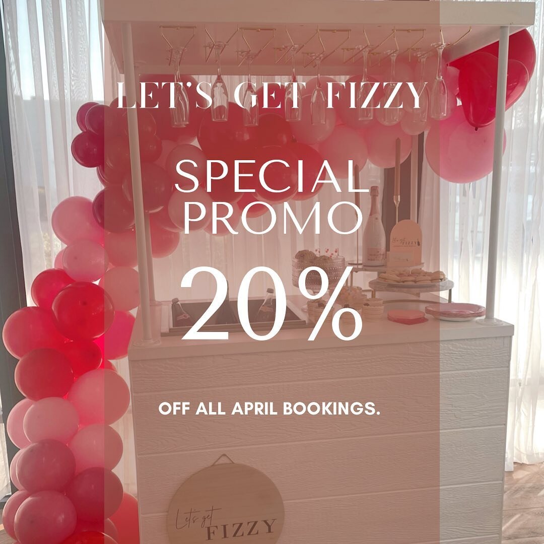 𝑯𝒆𝒚 𝒉𝒆𝒚 𝒉𝒆𝒚 🥂

Special offer is LIVE 🙌🏼
All booking booked in April will receive 20% off!! 

Visit letsgetfizzy.co for booking, more info, and pricing 🍾