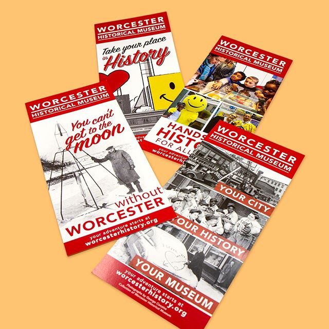 Series of 4 promo rack cards, designed for @worcesterhistoricalmuseum. Rack cards are a great way to catch your audience&rsquo;s attention and communicate your message without a lot of wasted material.