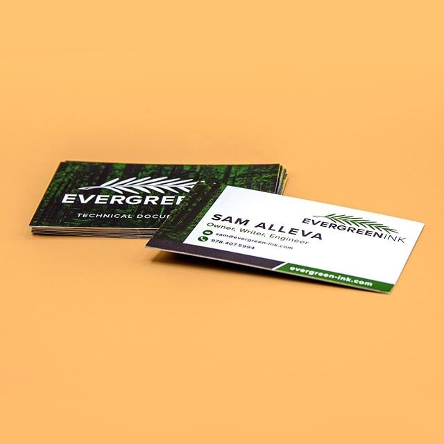 Logo and business cards designed for @evergreeninktechdoc. The logo is a combination of a pine branch and writing quill to represent both their passion for writing and their love of nature.