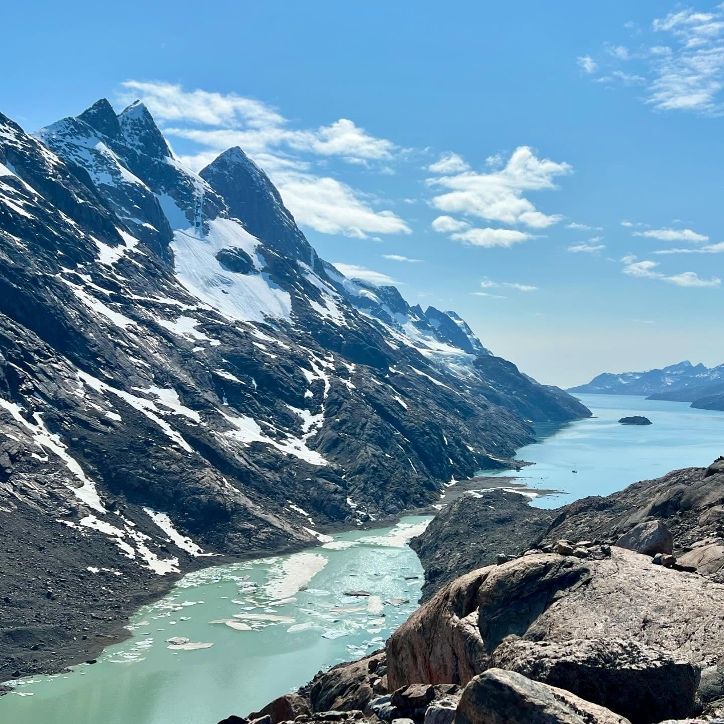 Beyond spectacular fjord days. (Can you spot S/V Turnstone at anchor in the first shot?) Touching the ice cap, feeling the wonder of being a visitor to this fragile, fierce &amp; stunning place. Thank you, Greenland. 

P.S. For Canadian friends acros